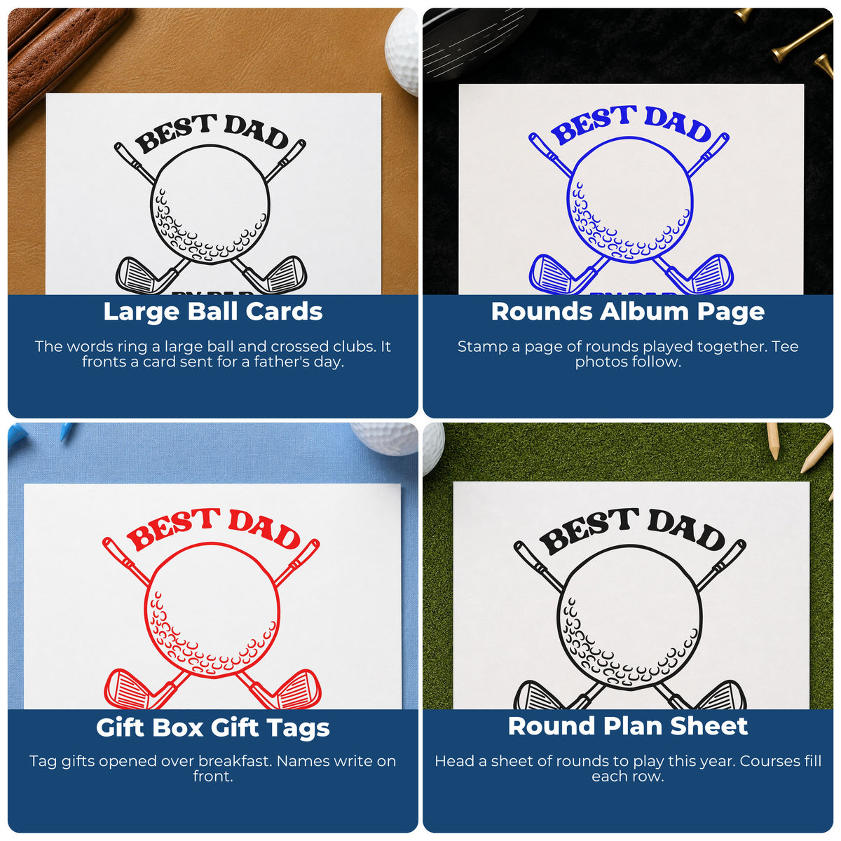 Four ways to use the Best Dad By Par Self-Inking Stamp: large ball cards, rounds album page, gift box gift tags and round plan sheet.