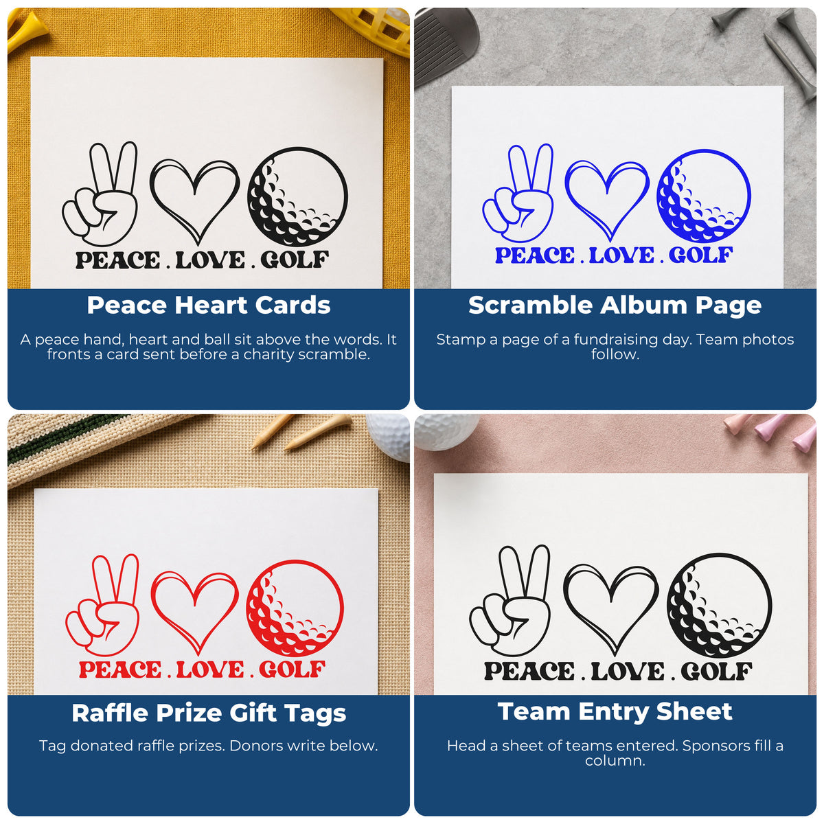 Four ways to use the Peace Love Golf Icons With Hearts Rubber Stamp – Wood Handle: peace heart cards, scramble album page, raffle prize gift tags and team entry sheet.