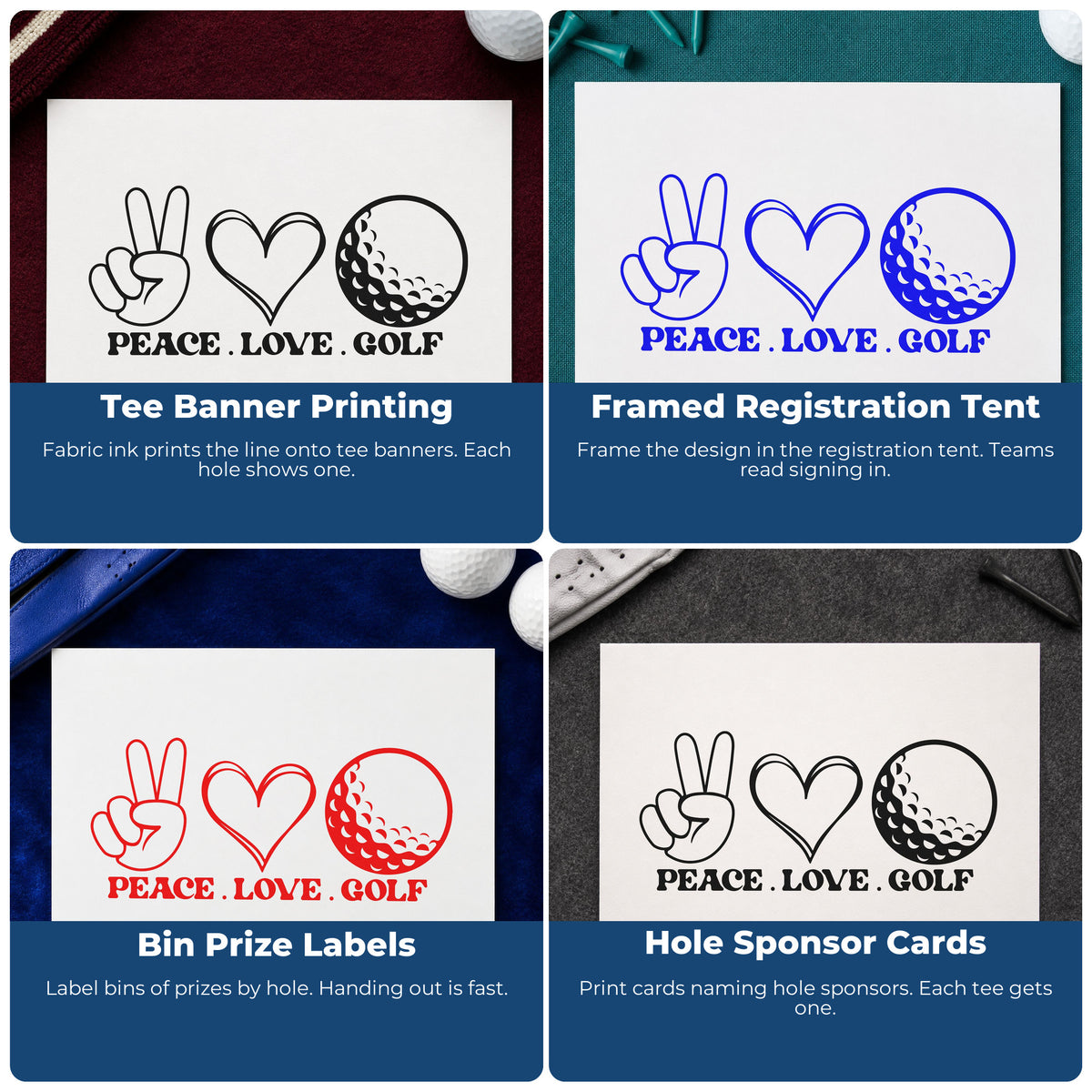 Four ways to use the Peace Love Golf Icons With Hearts PSI Pre-Inked Stamp: tee banner printing, framed registration tent, bin prize labels and hole sponsor cards.