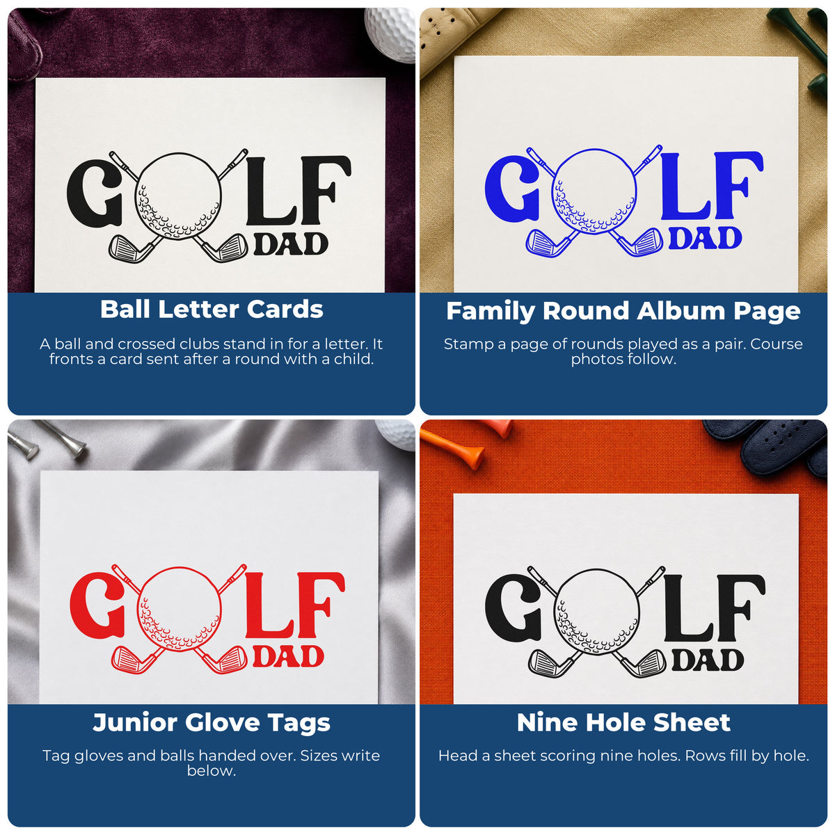 Four ways to use the Golf Dad Ball And Clubs Typography Pre-Inked Stamp – PSI: ball letter cards, family round album page, junior glove tags and nine hole sheet.