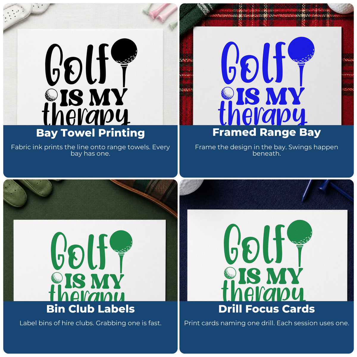 Four ways to use the Golf Is My Therapy Stamp - Premium Vintage Pro Wooden: bay towel printing, framed range bay, bin club labels and drill focus cards.