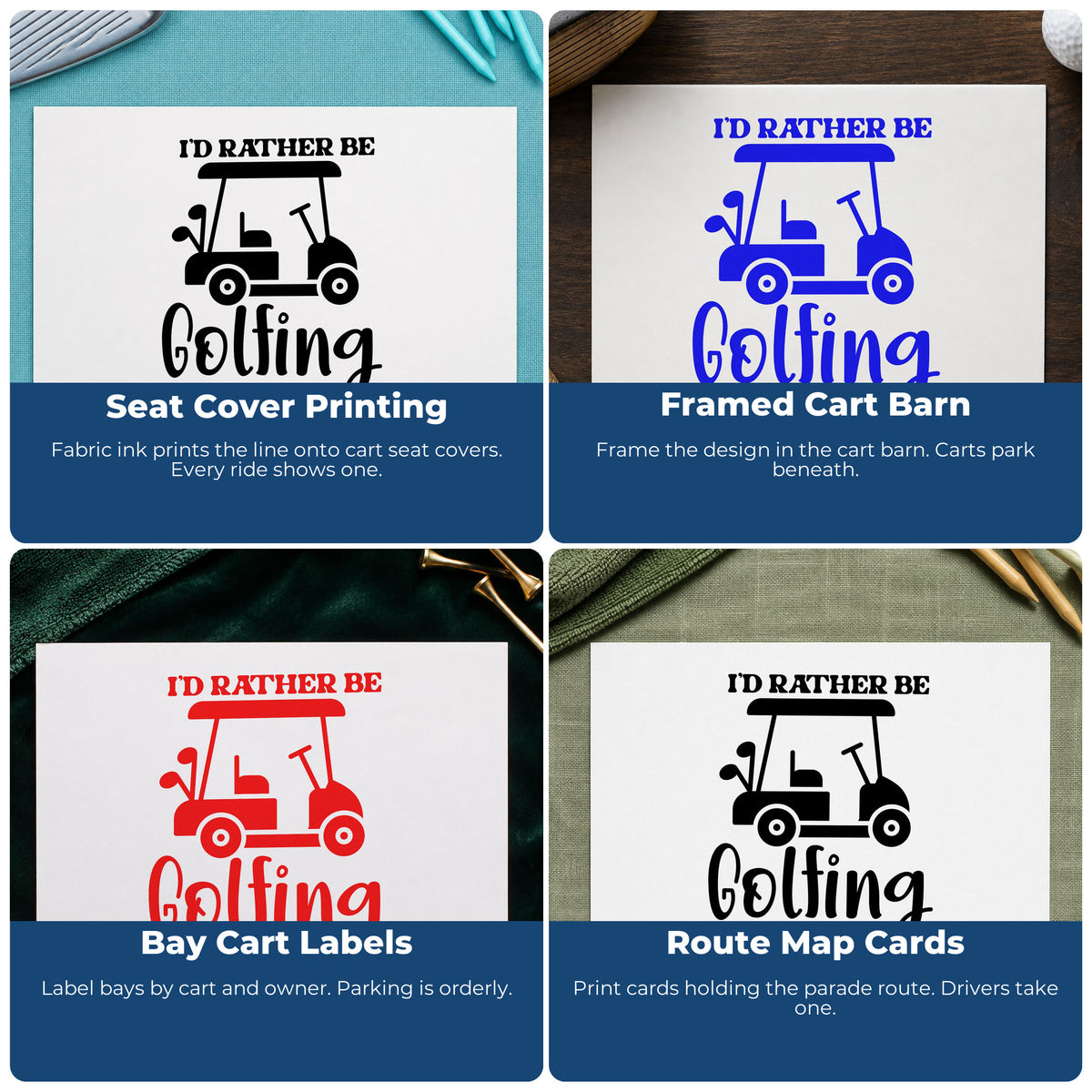 Four ways to use the Rather Be Golfing Cart Slim Pre-Inked Stamp: seat cover printing, framed cart barn, bay cart labels and route map cards.