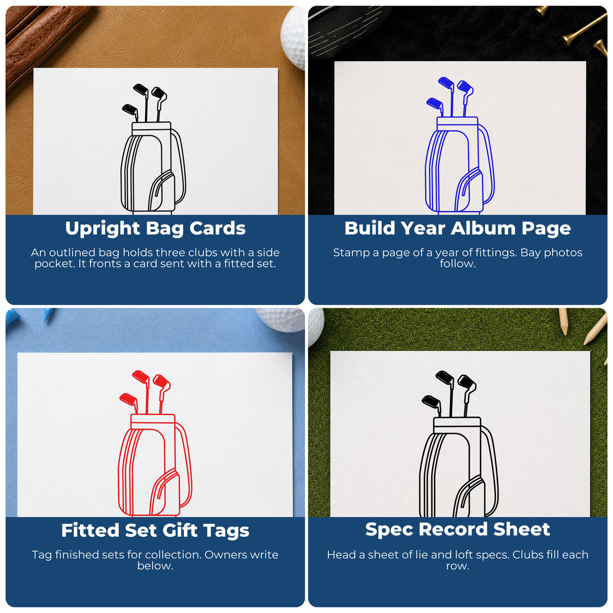 Four ways to use the Golf Bag With Clubs Outline Detail Rubber Stamp – Duo Hand: upright bag cards, build year album page, fitted set gift tags and spec record sheet.