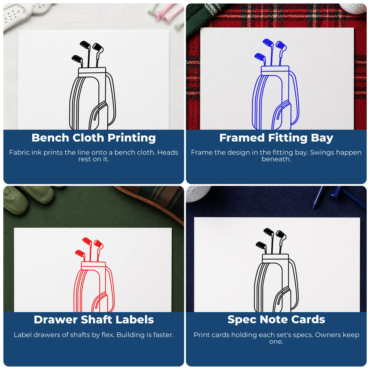 Four ways to use the Golf Bag With Clubs Outline Detail Stamp – Self-Inking: bench cloth printing, framed fitting bay, drawer shaft labels and spec note cards.
