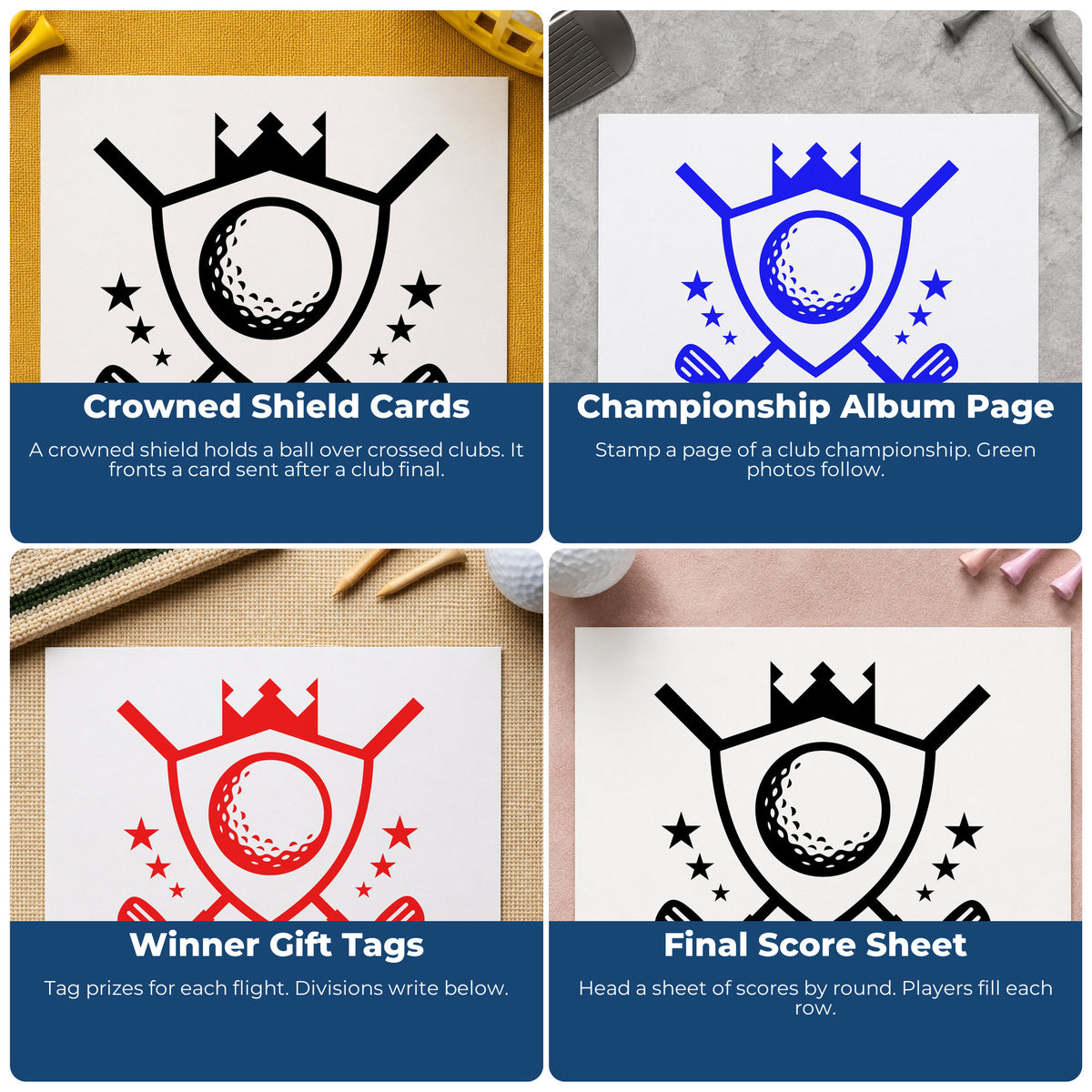 Four ways to use the Crowned Golf Shield Emblem Premium Wooden Stamp - Vintage Pro: crowned shield cards, championship album page, winner gift tags and final score sheet.