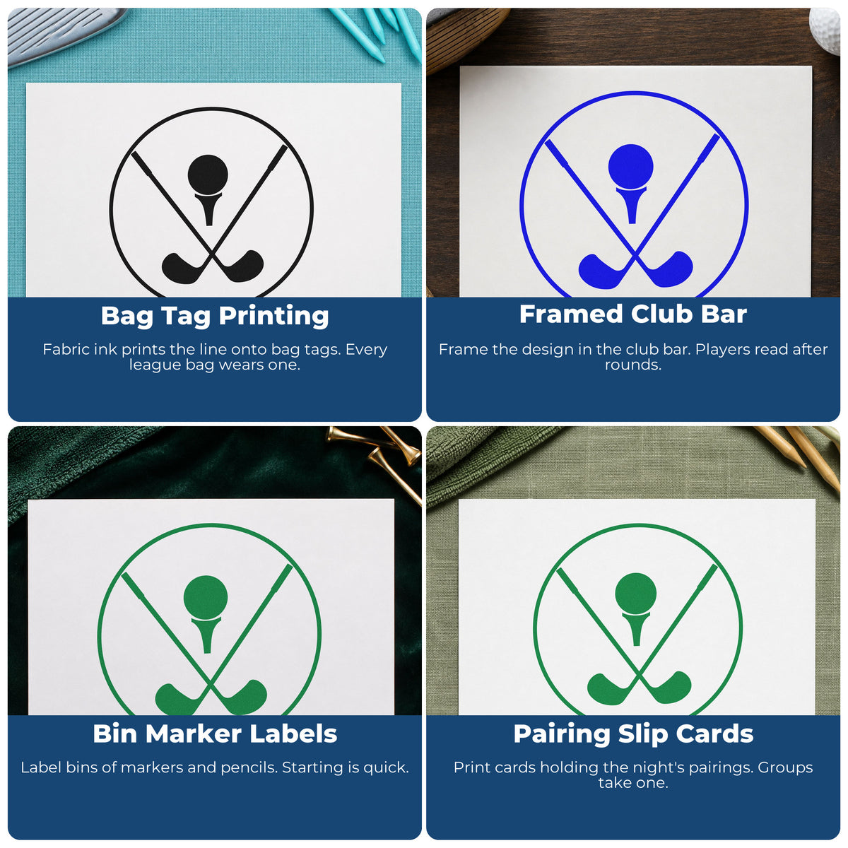 Four ways to use the Crossed Golf Clubs Circle Hand Stamp – Duo: bag tag printing, framed club bar, bin marker labels and pairing slip cards.