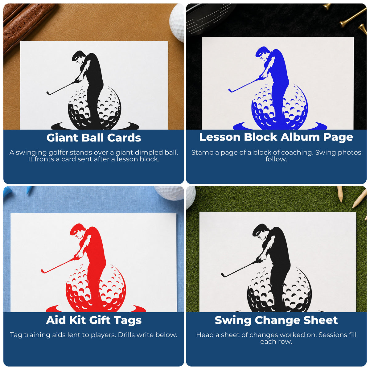Four ways to use the Swinging Golfer Over Dimpled Ball Wood Handle Stamp: giant ball cards, lesson block album page, aid kit gift tags and swing change sheet.