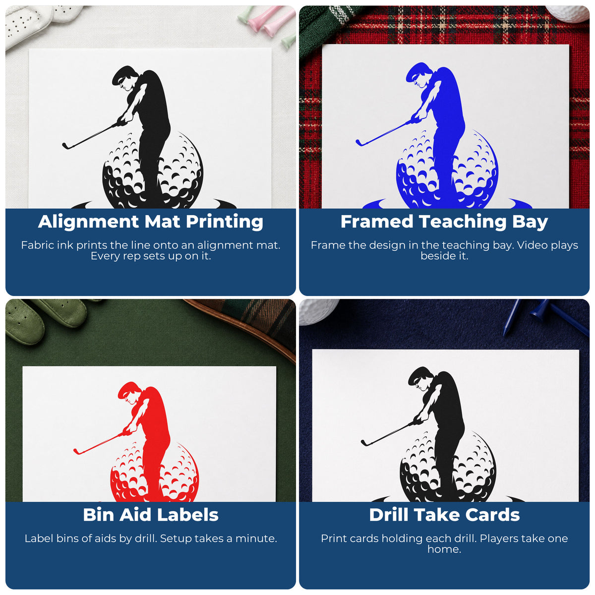 Four ways to use the Swinging Golfer Over Dimpled Ball Wood Handle Stamp: alignment mat printing, framed teaching bay, bin aid labels and drill take cards.