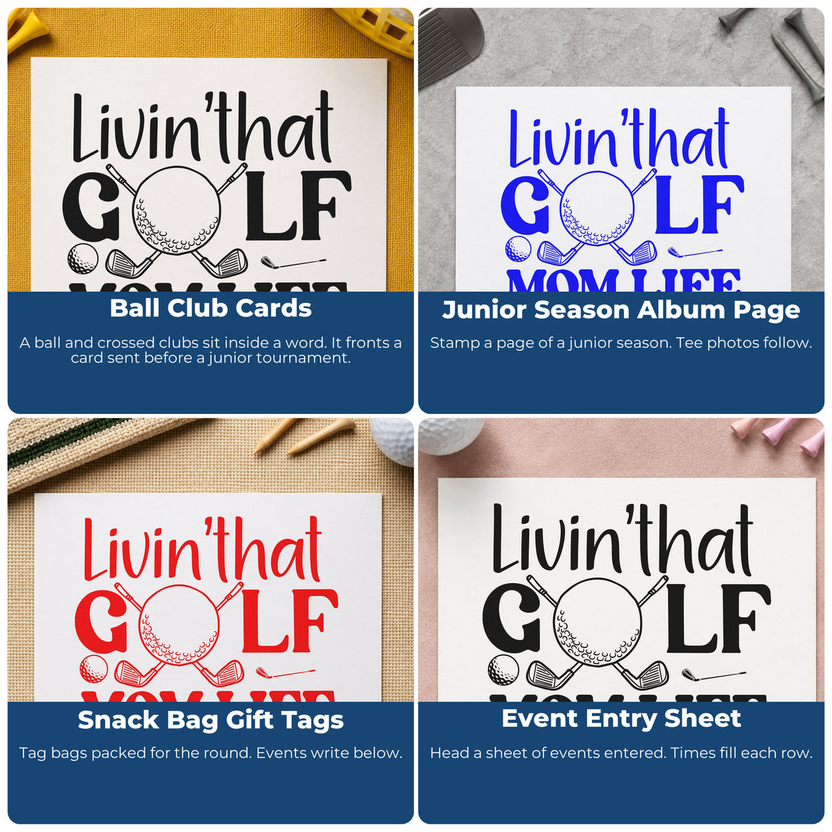 Four ways to use the Living Golf Mom Life Pre-Inked Stamp – Slim: ball club cards, junior season album page, snack bag gift tags and event entry sheet.
