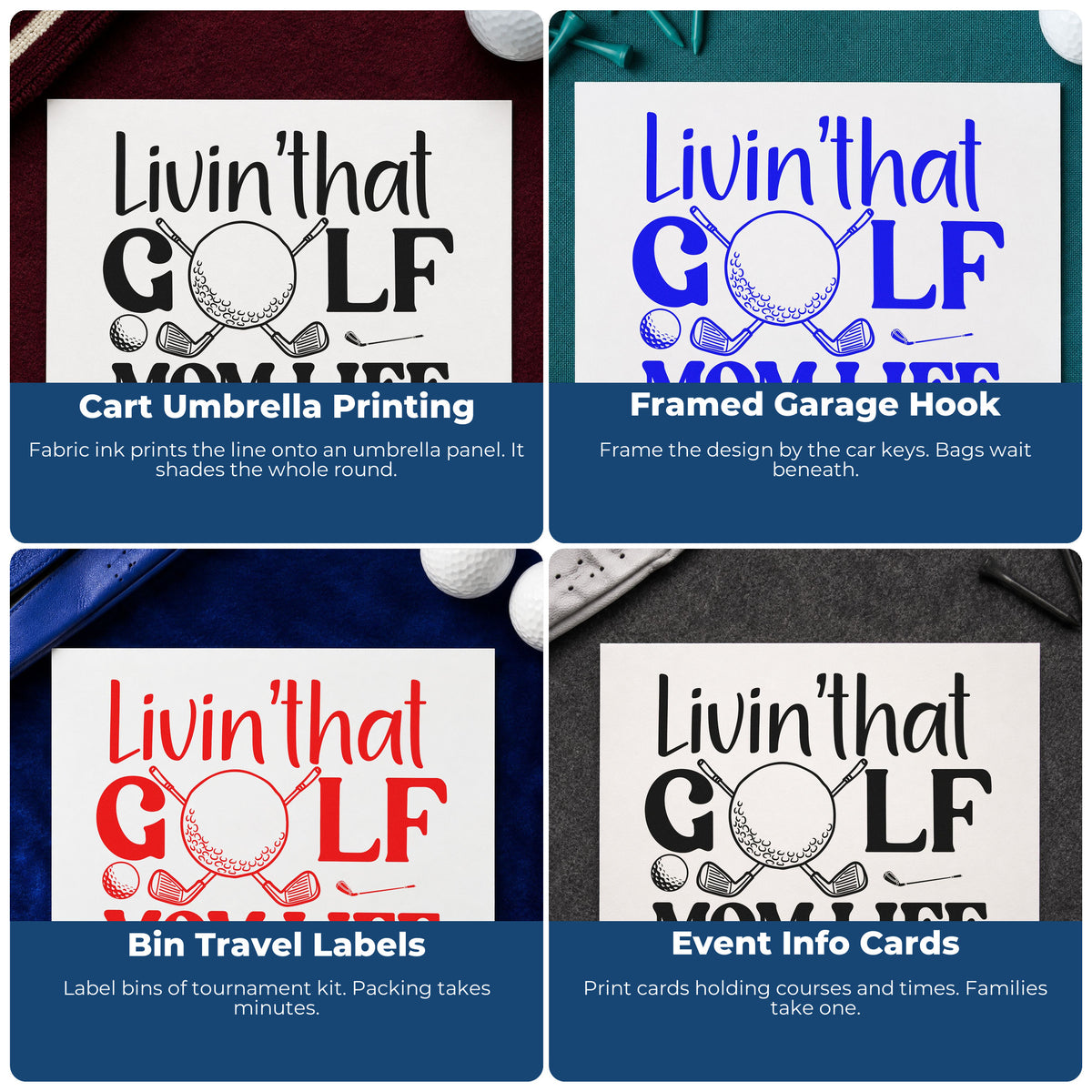 Four ways to use the Pre-Inked Living Golf Mom Life Stamp – PSI: cart umbrella printing, framed garage hook, bin travel labels and event info cards.