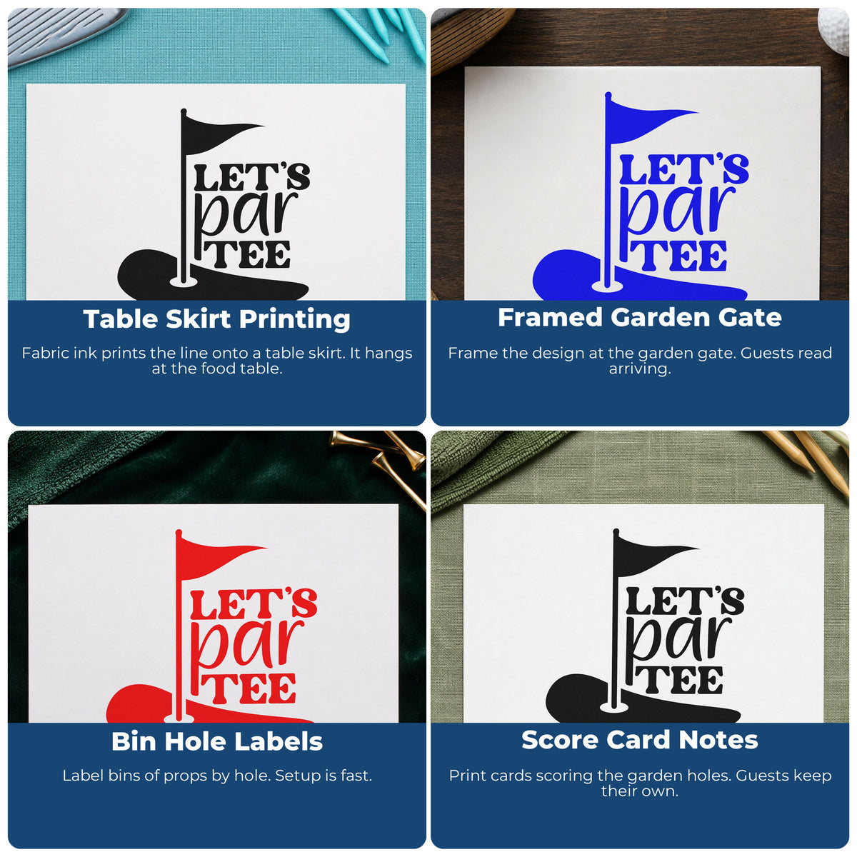 Four ways to use the Let's Par Tee Putting Green Flag Rubber Stamp – Duo Hand: table skirt printing, framed garden gate, bin hole labels and score card notes.