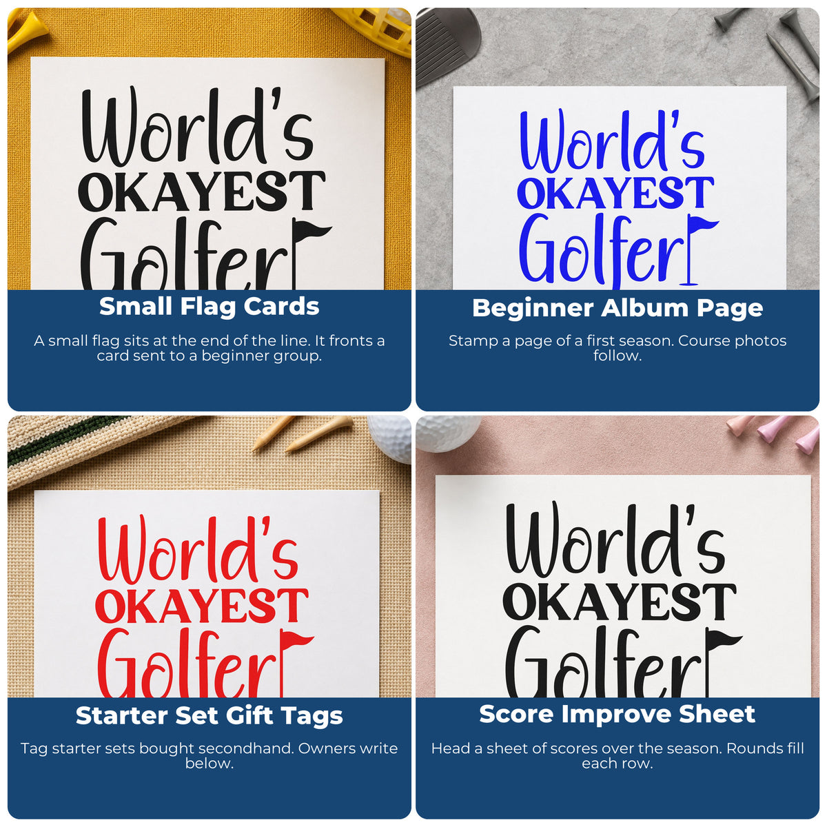 Four ways to use the Worlds Okayest Golfer Quote Self-Inking Craft Stamp: small flag cards, beginner album page, starter set gift tags and score improve sheet.