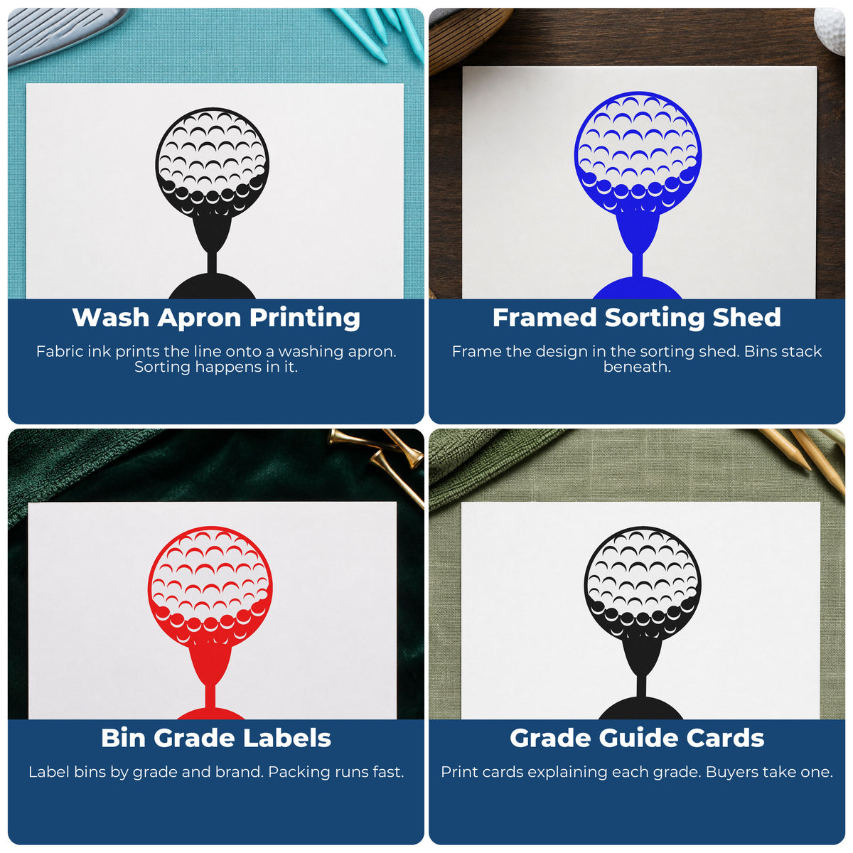 Four ways to use the Dimpled Golf Ball Tee Silhouette Wood-Mounted Rubber Stamp: wash apron printing, framed sorting shed, bin grade labels and grade guide cards.