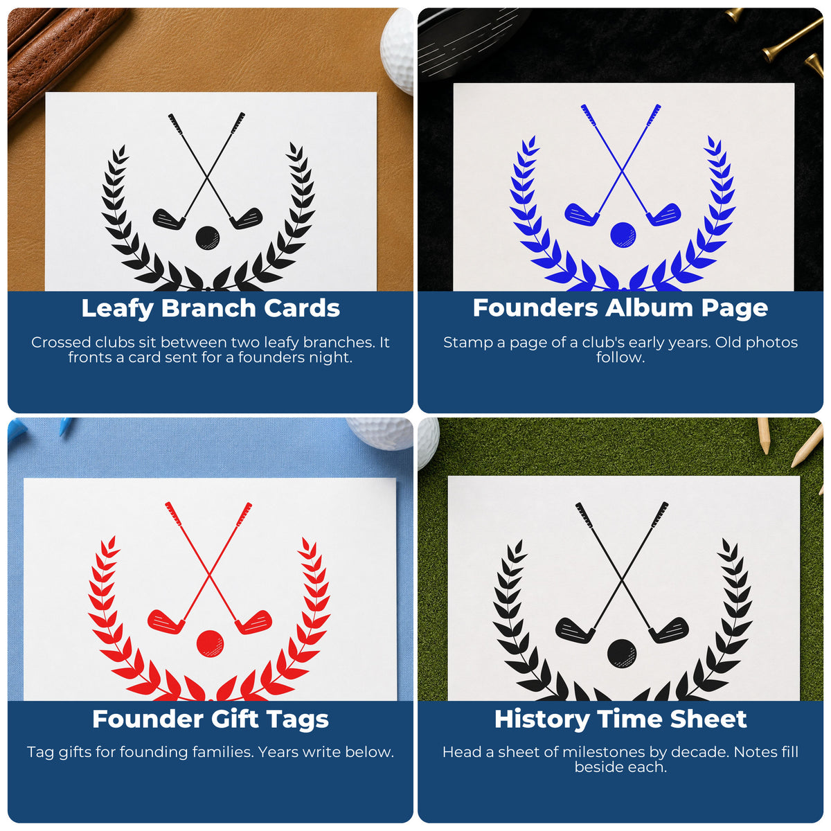 Four ways to use the Golf Clubs Laurel Emblem Rubber Stamp – Wood Handle: leafy branch cards, founders album page, founder gift tags and history time sheet.