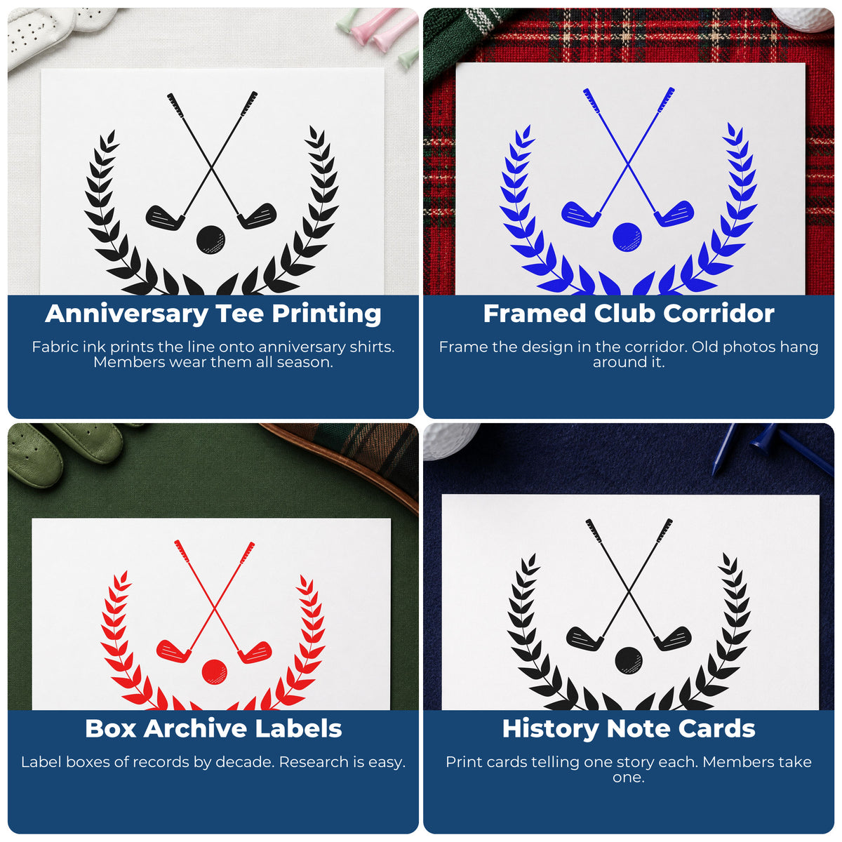 Four ways to use the Golf Clubs Laurel Emblem Slim Pre-Inked Stamp: anniversary tee printing, framed club corridor, box archive labels and history note cards.