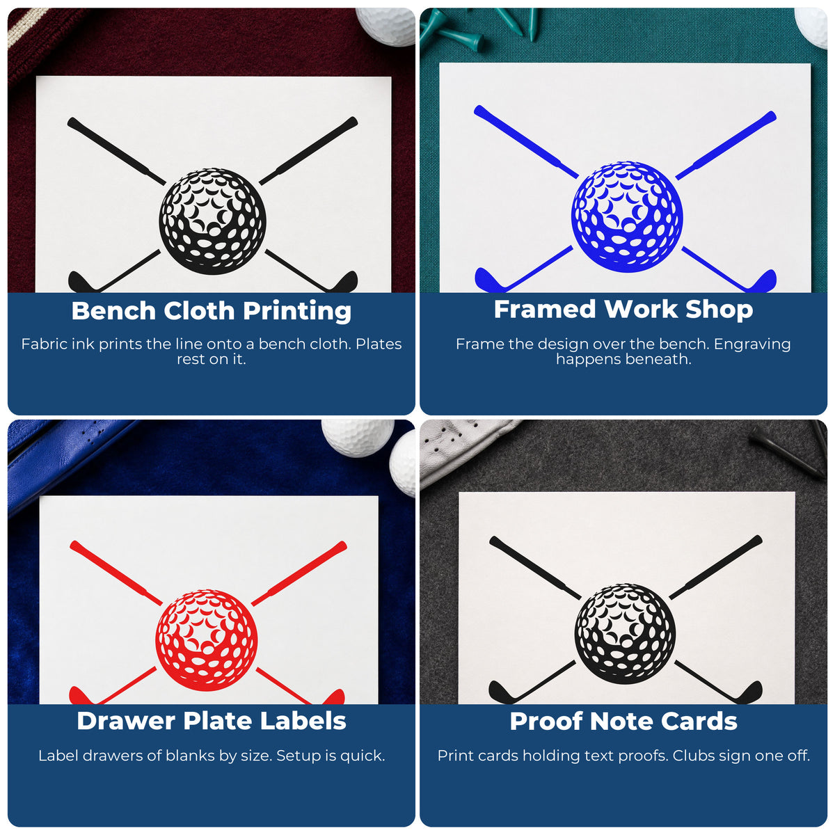 Four ways to use the Dimpled Golf Ball And Crossed Clubs Rubber Stamp – Duo Hand: bench cloth printing, framed work shop, drawer plate labels and proof note cards.