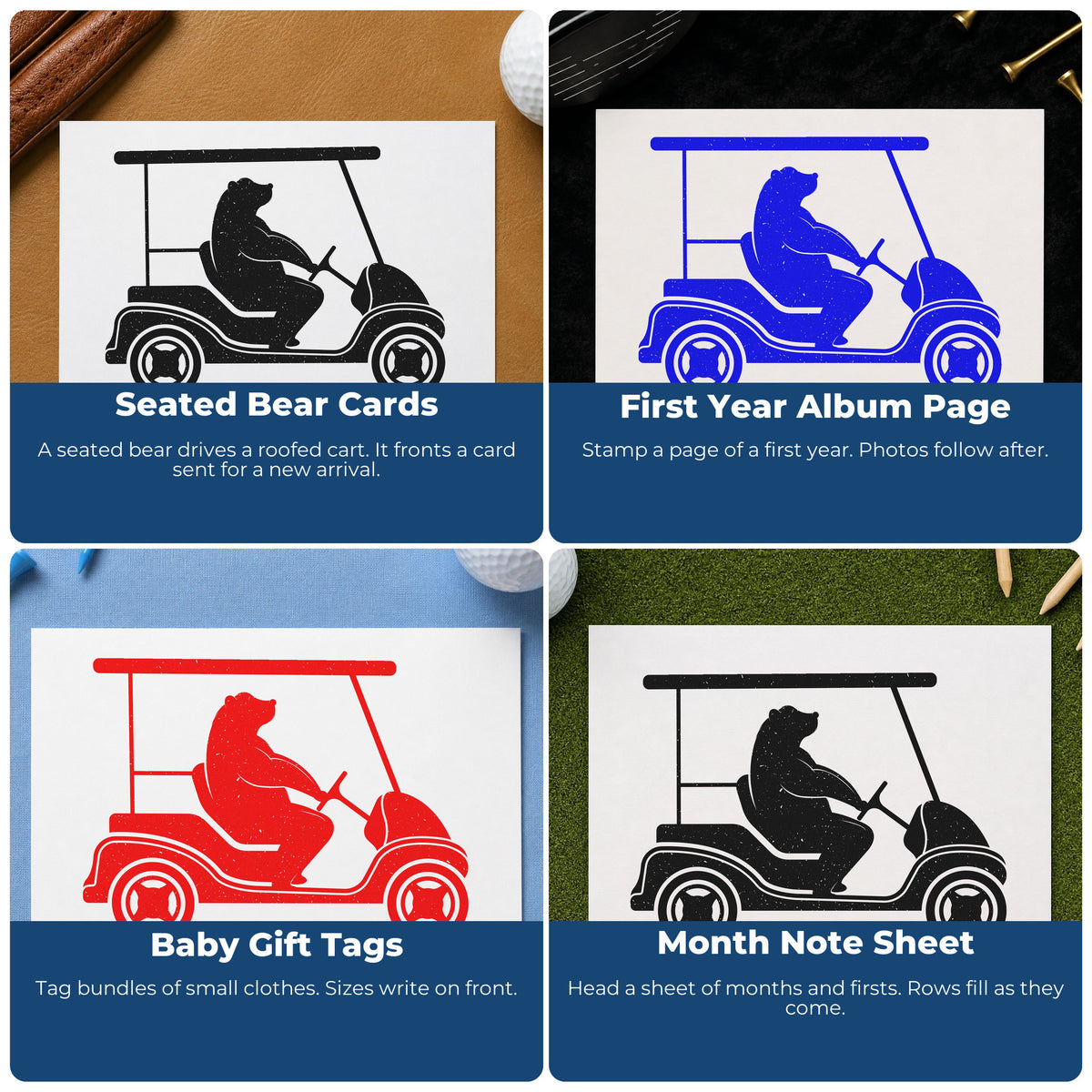 Four ways to use the Golf Cart Bear Silhouette Premium Wooden Stamp - Vintage Pro: seated bear cards, first year album page, baby gift tags and month note sheet.