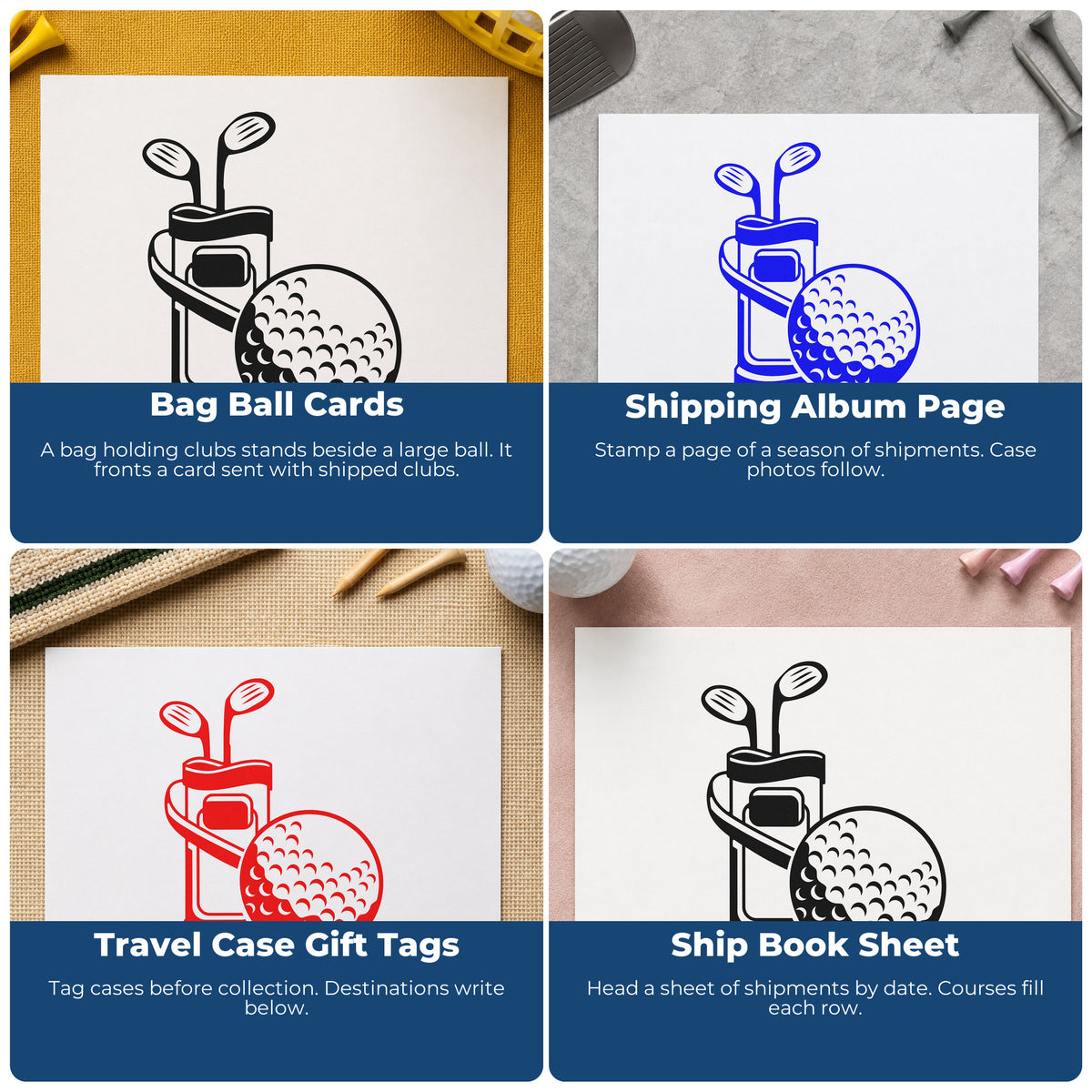 Four ways to use the Golf Bag With Two Clubs And Ball Slim Pre-Inked Stamp: bag ball cards, shipping album page, travel case gift tags and ship book sheet.