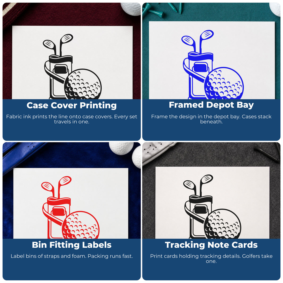 Four ways to use the Golf Bag With Two Clubs And Ball Premium Wooden Stamp - Vintage Pro: case cover printing, framed depot bay, bin fitting labels and tracking note cards.