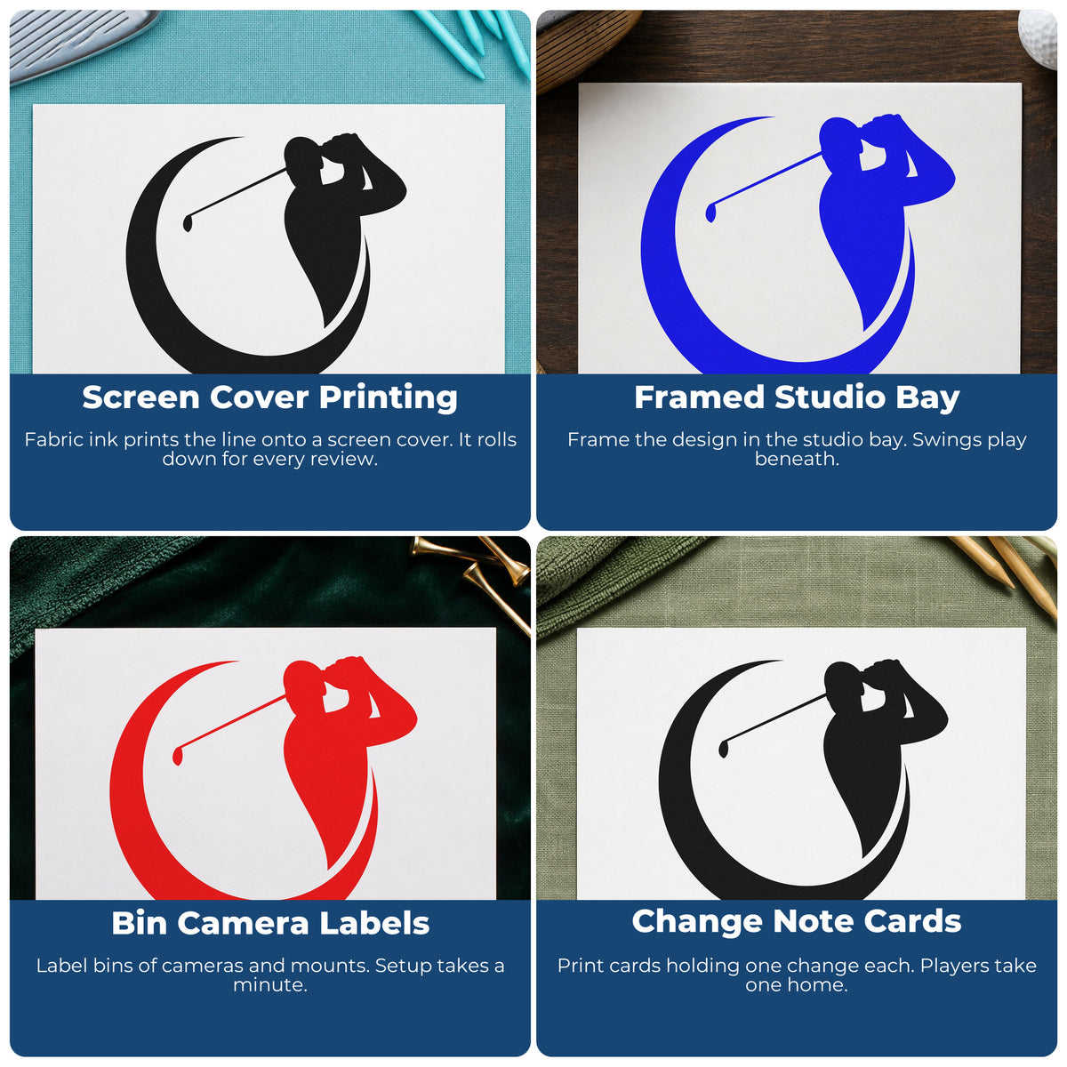 Four ways to use the Golfer Crescent Circle Silhouette Hand Stamp – Duo: screen cover printing, framed studio bay, bin camera labels and change note cards.