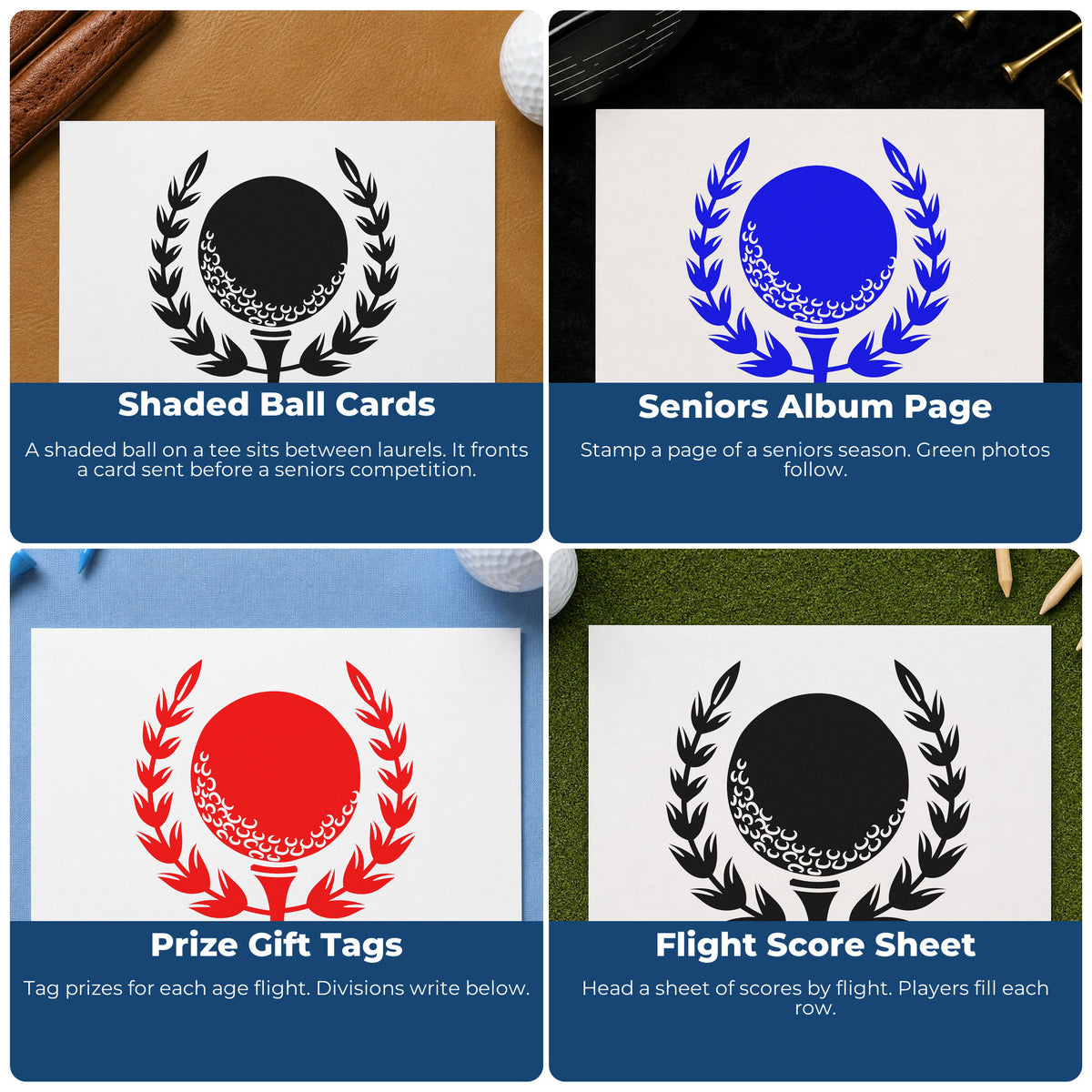 Four ways to use the Golf Ball Tee Laurel Compact Pre-Inked Stamp – Slim: shaded ball cards, seniors album page, prize gift tags and flight score sheet.