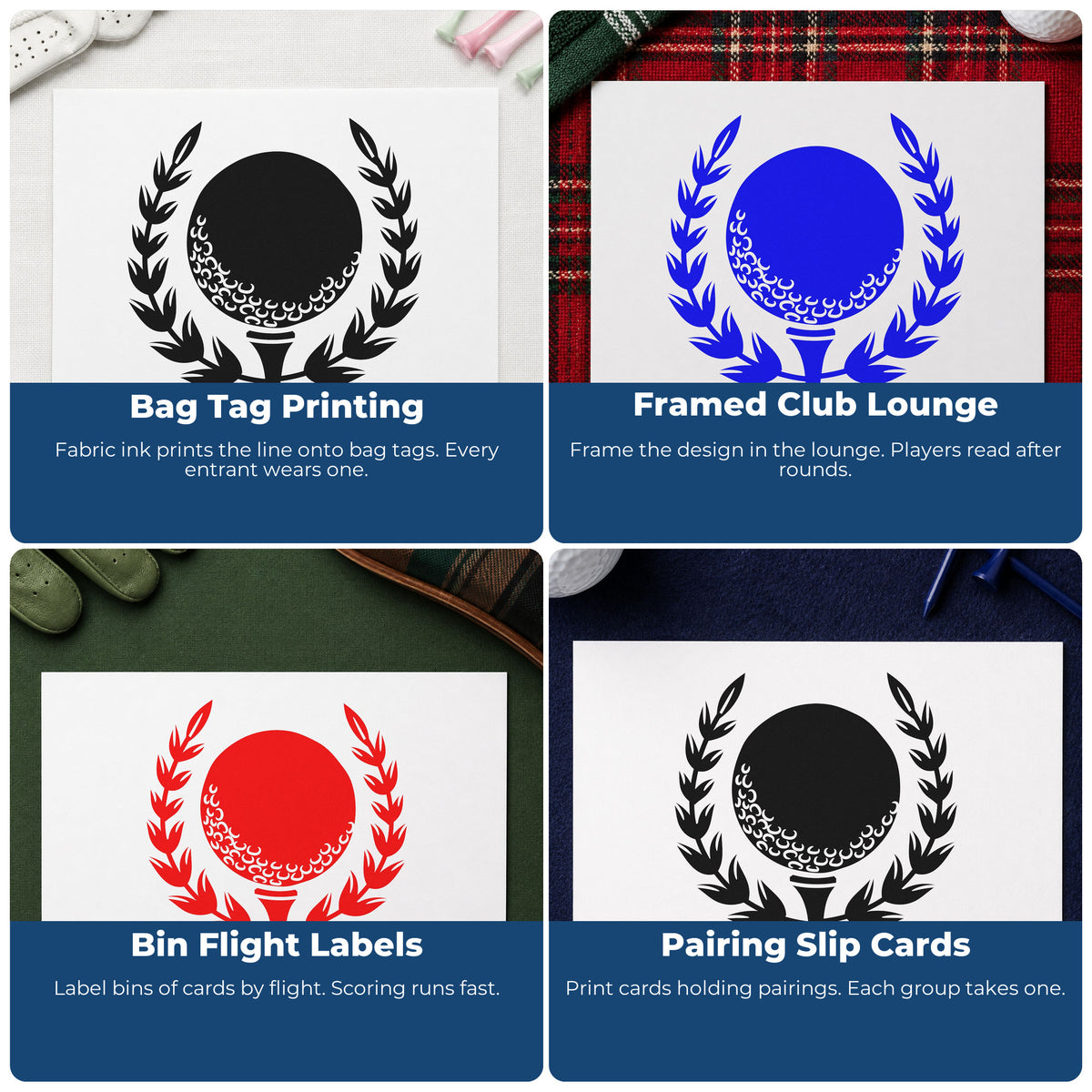 Four ways to use the Golf Ball Tee Laurel Compact Pre-Inked Stamp – Slim: bag tag printing, framed club lounge, bin flight labels and pairing slip cards.