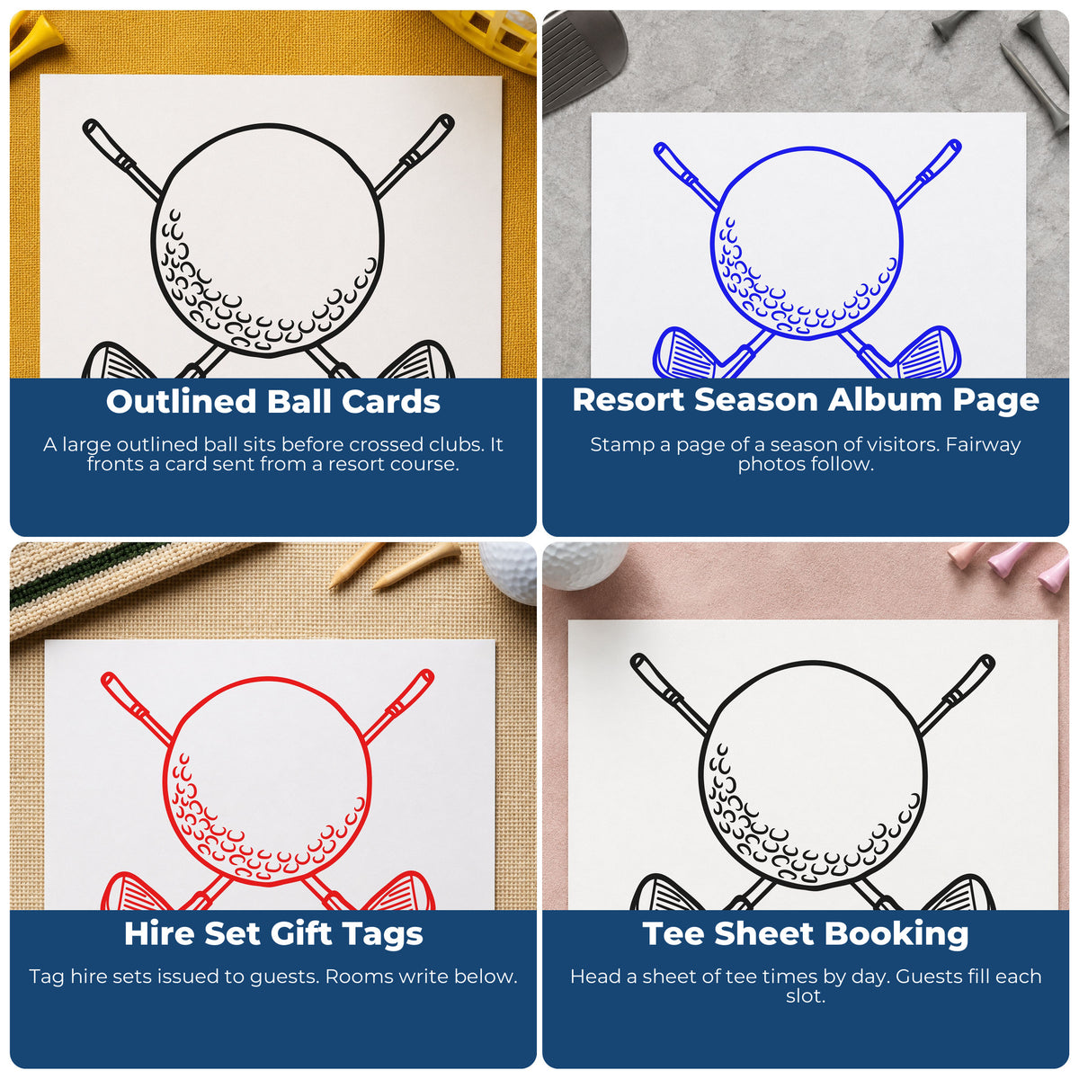 Four ways to use the Golf Ball Crossed Clubs Outline Detail Rubber Stamp – Wood Handle: outlined ball cards, resort season album page, hire set gift tags and tee sheet booking.