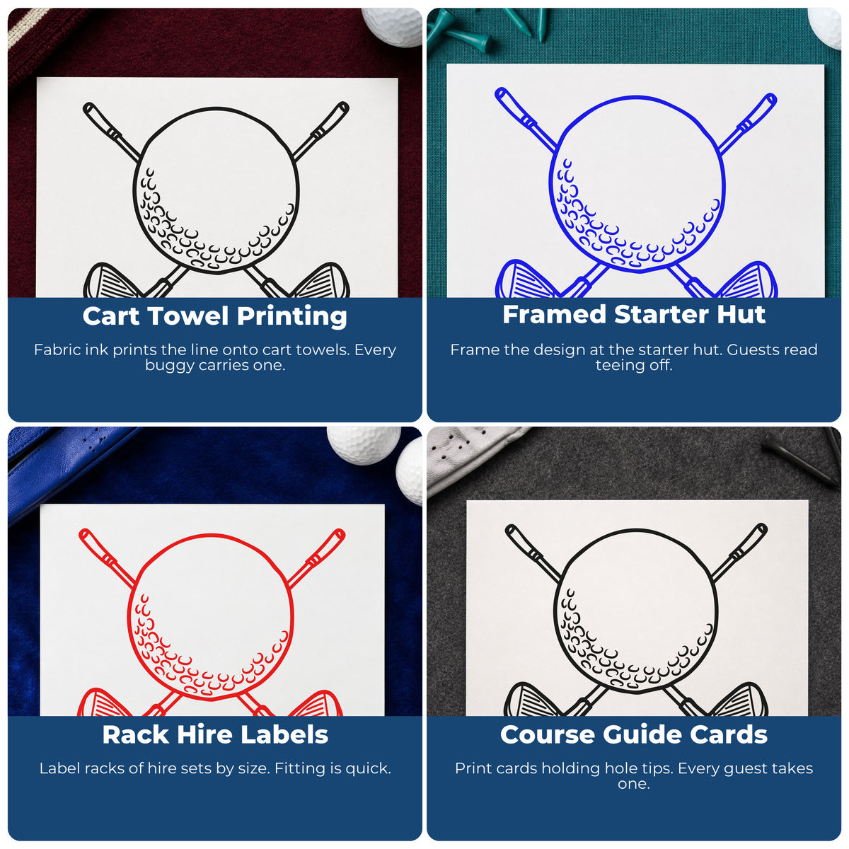 Four ways to use the Golf Ball Crossed Clubs Outline Detail Rubber Stamp – Wood Handle: cart towel printing, framed starter hut, rack hire labels and course guide cards.