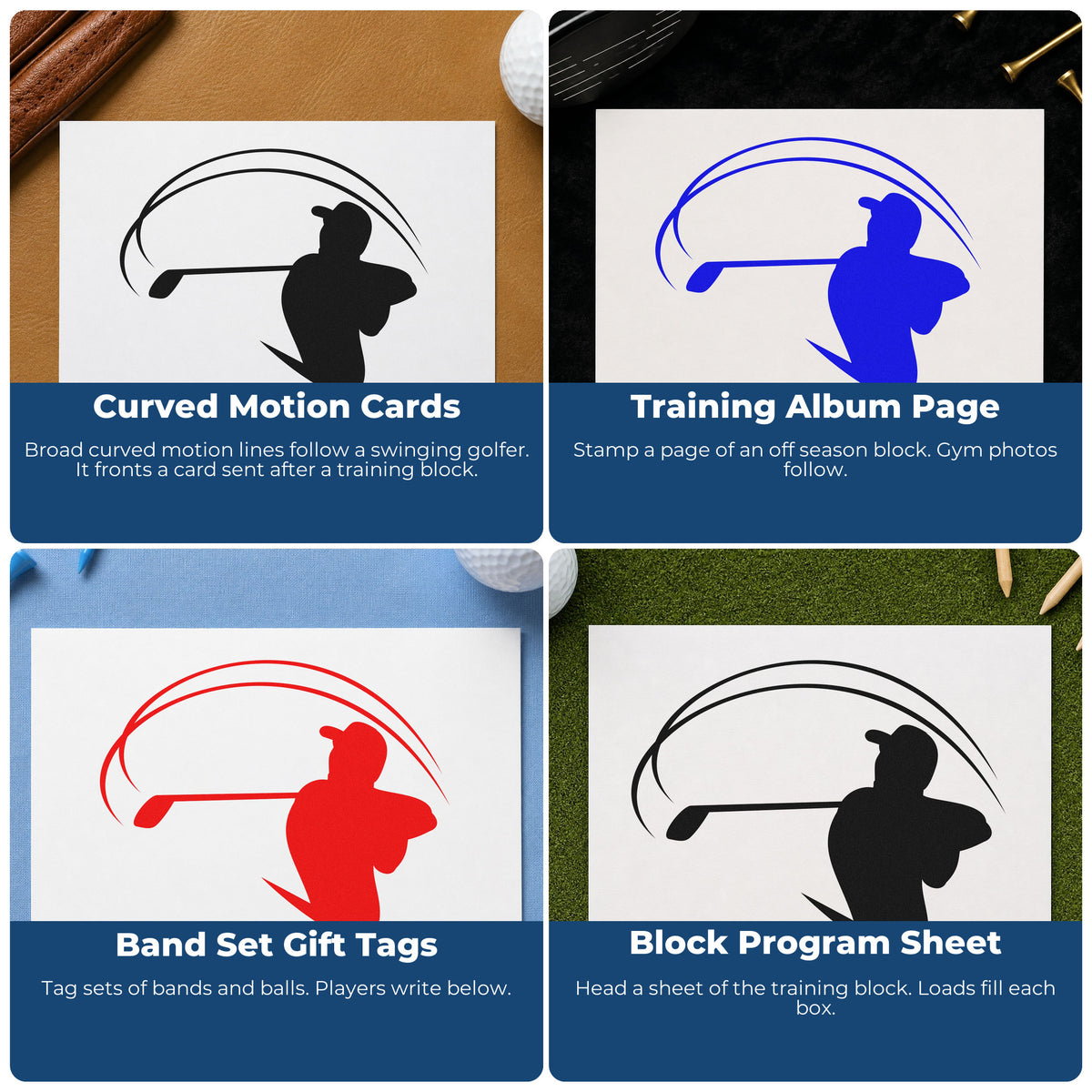 Four ways to use the Golfer With Sweeping Arc Wood-Mounted Rubber Stamp: curved motion cards, training album page, band set gift tags and block program sheet.