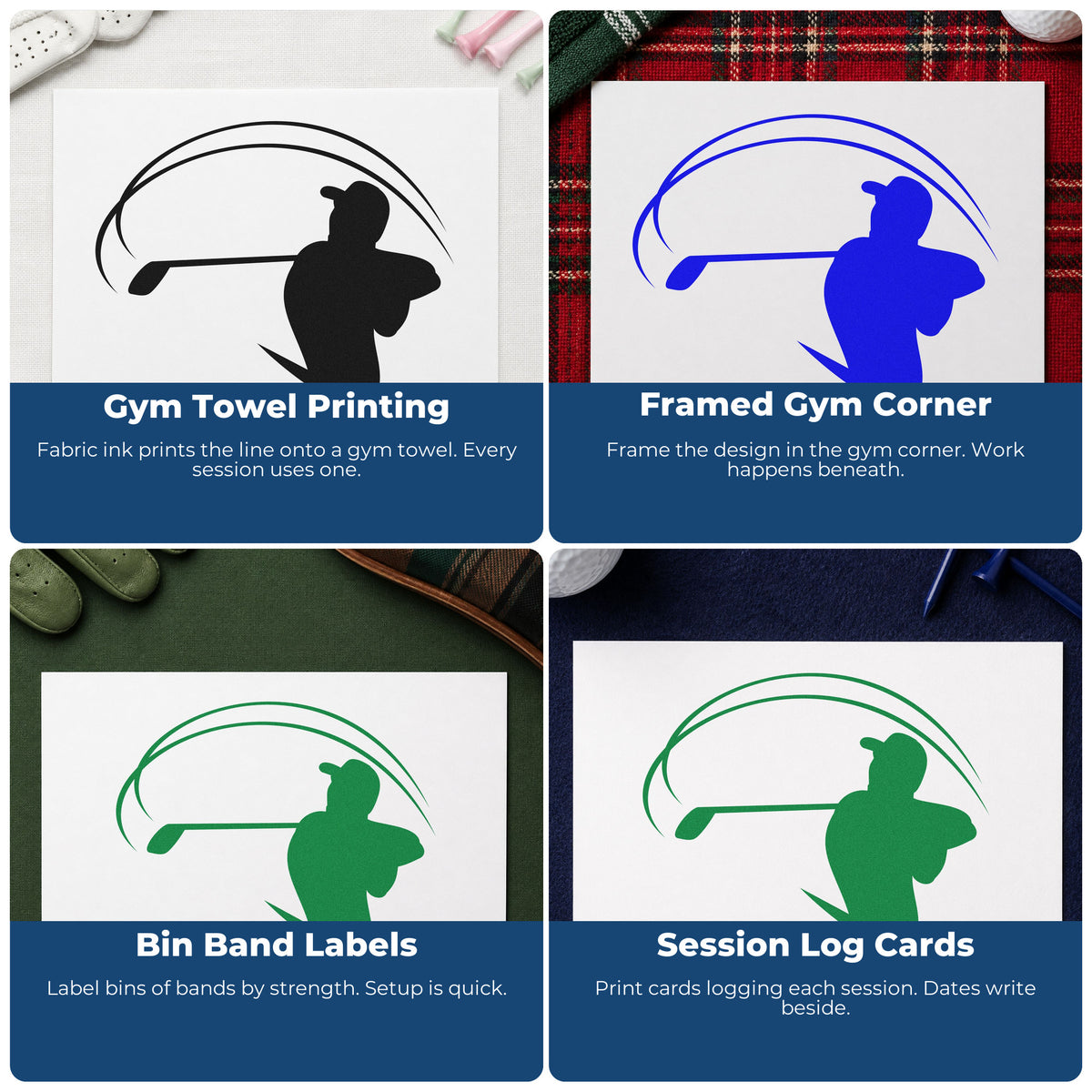 Four ways to use the Golfer With Sweeping Arc Wood-Mounted Rubber Stamp: gym towel printing, framed gym corner, bin band labels and session log cards.