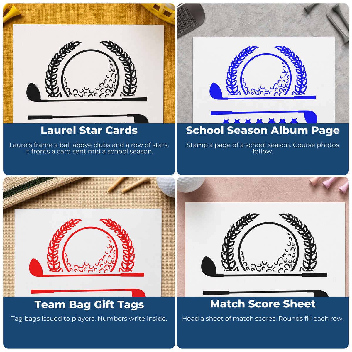 Four ways to use the Golf Laurel Stars Banner Slim Pre-Inked Stamp: laurel star cards, school season album page, team bag gift tags and match score sheet.