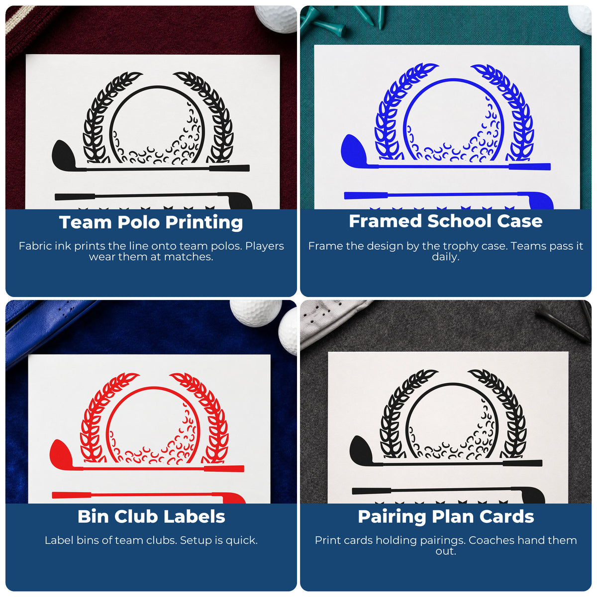 Four ways to use the Golf Laurel Stars Banner Stamp – Duo Hand: team polo printing, framed school case, bin club labels and pairing plan cards.