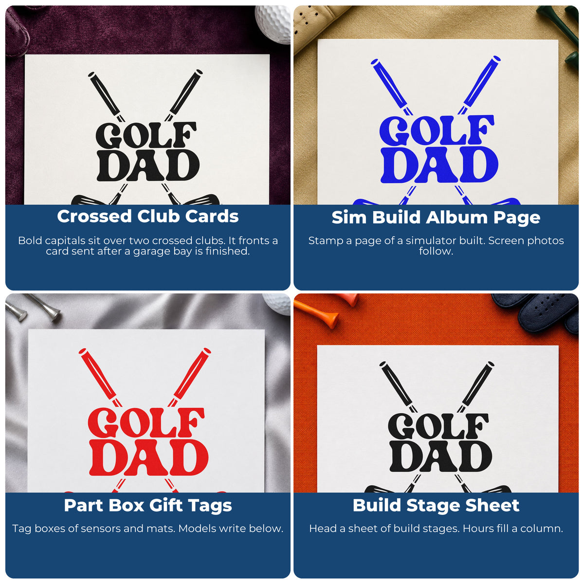 Four ways to use the Golf Dad Crossed Clubs Block Lettering Pre-Inked Stamp – Slim: crossed club cards, sim build album page, part box gift tags and build stage sheet.