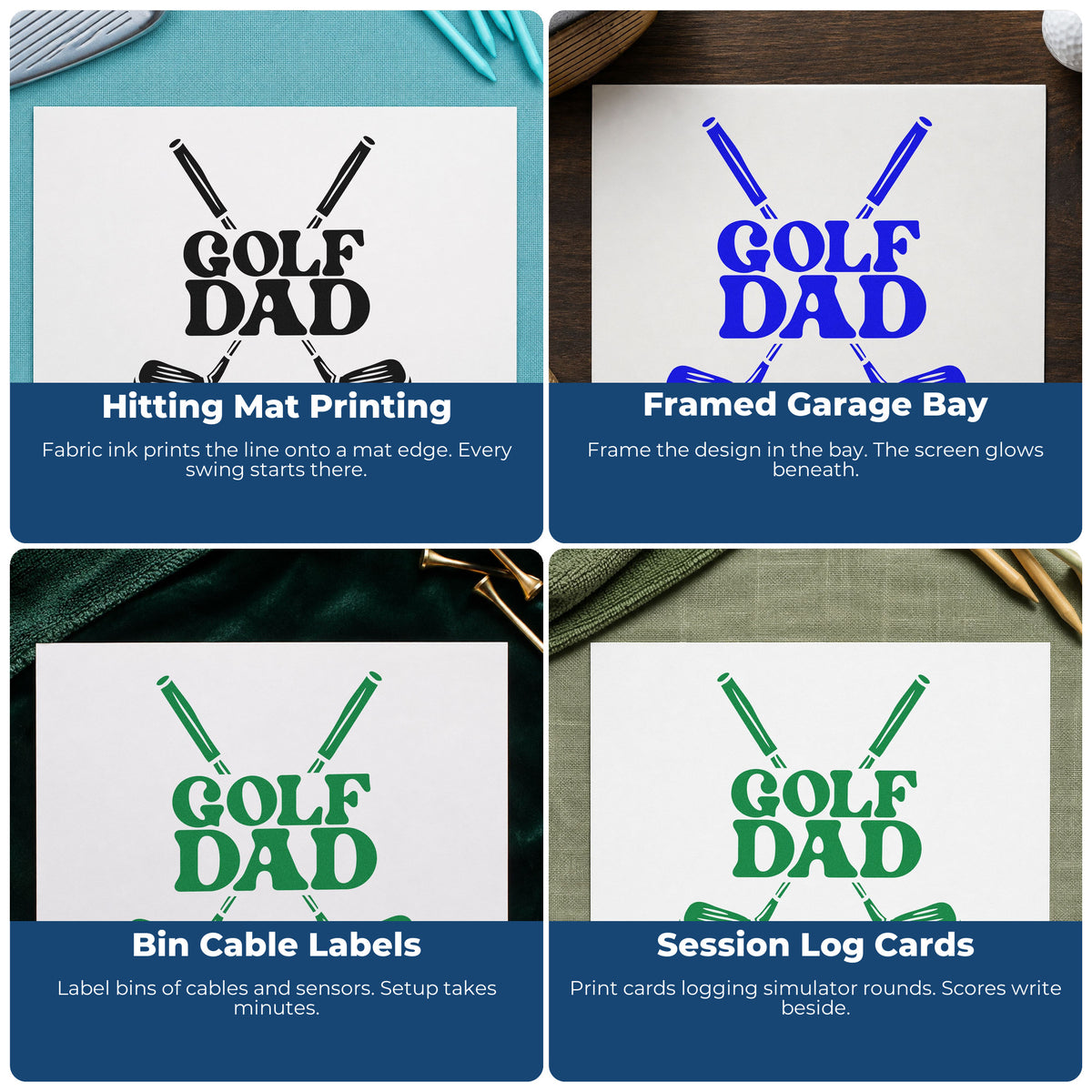 Four ways to use the Golf Dad Crossed Clubs Block Lettering Rubber Stamp – Duo Hand: hitting mat printing, framed garage bay, bin cable labels and session log cards.