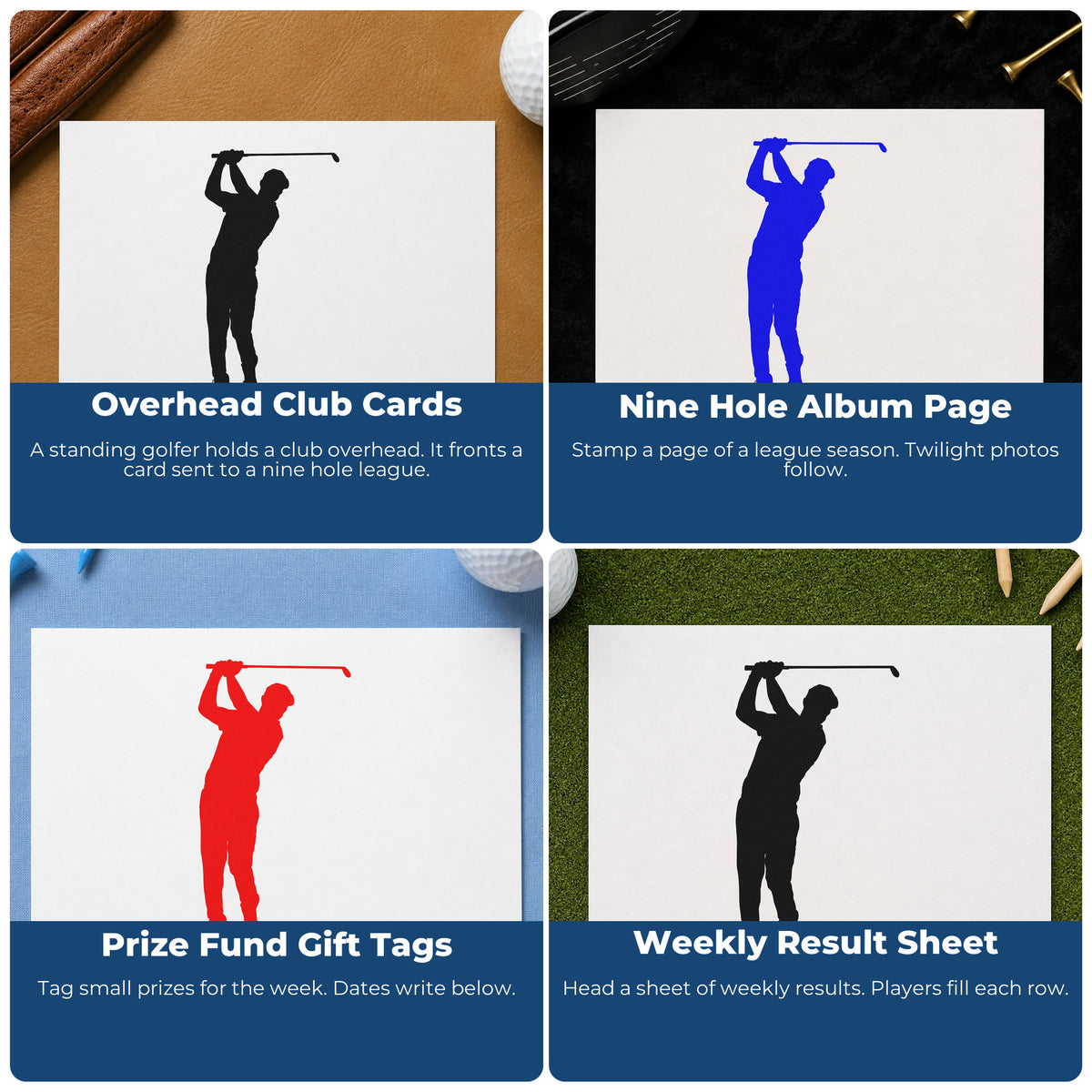 Four ways to use the Overhead Club Golf Swing Self-Inking Stamp: overhead club cards, nine hole album page, prize fund gift tags and weekly result sheet.