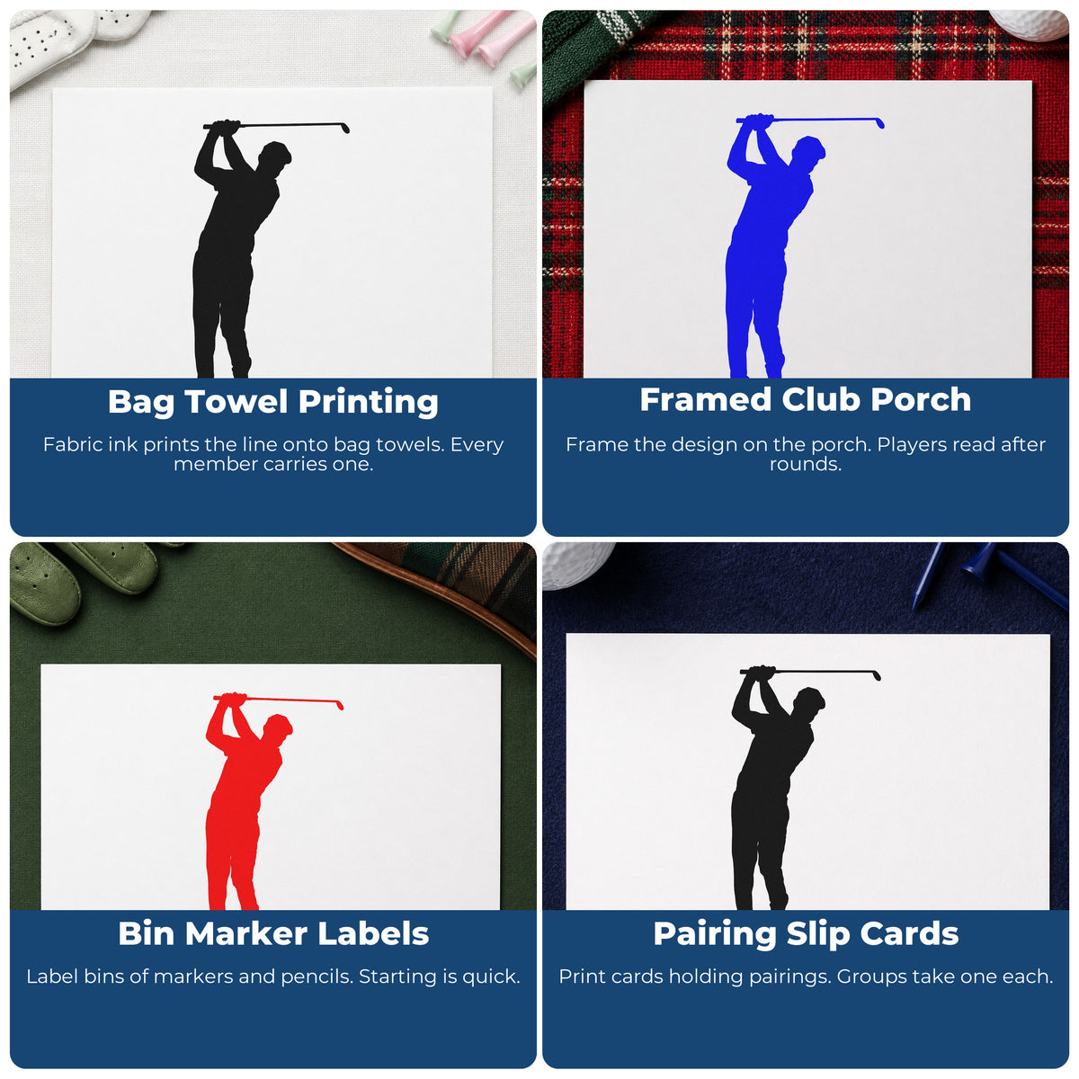 Four ways to use the Overhead Club Golf Swing Premium Wooden Stamp - Vintage Pro: bag towel printing, framed club porch, bin marker labels and pairing slip cards.