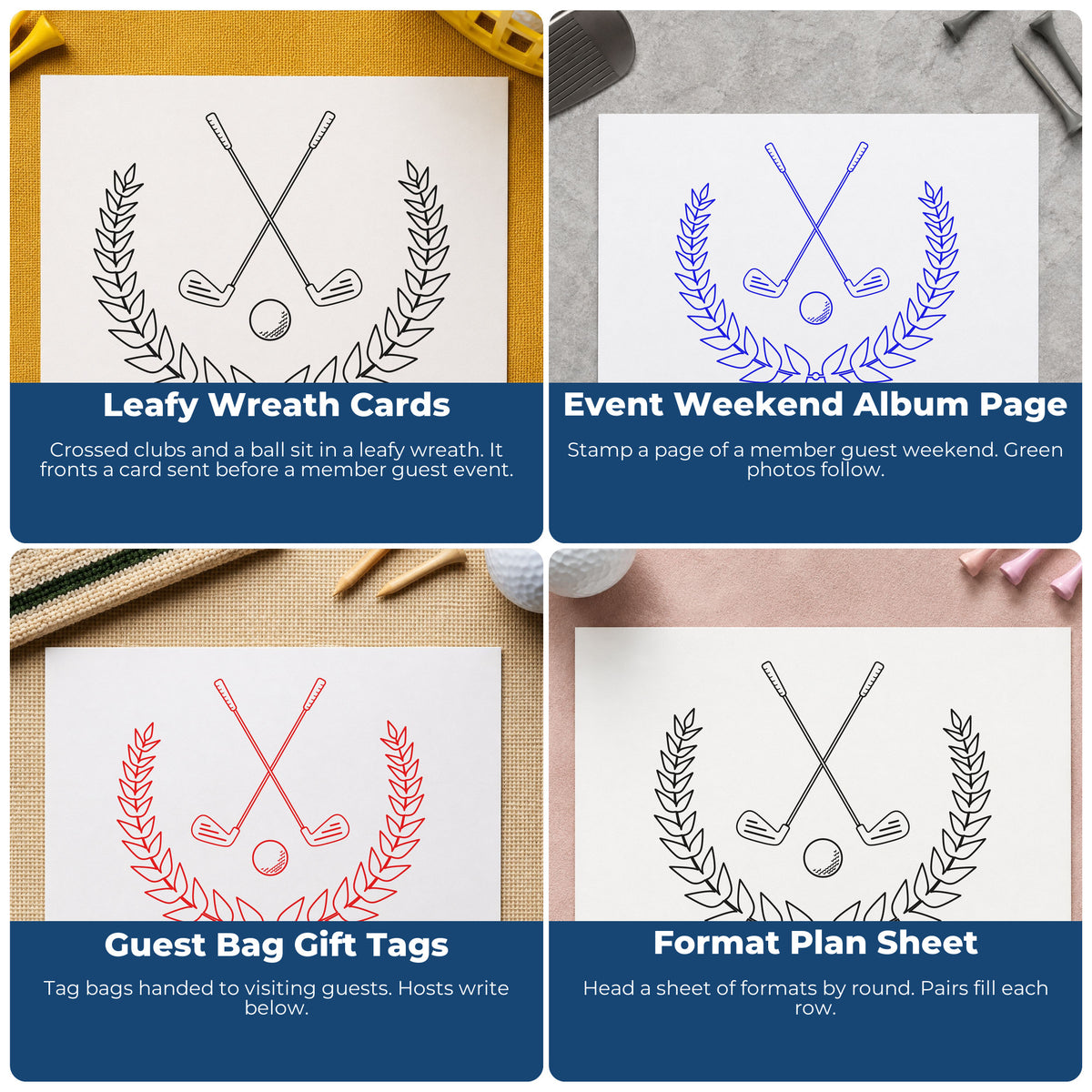 Golf-themed rubber stamp collage for scrapbooks, coach thank-you cards, birthday parties, and custom gift wrapping.