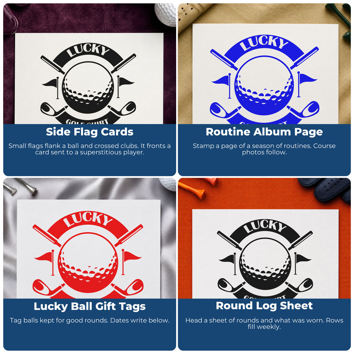 Four ways to use the PSI Pre-Inked Lucky Golf Shirt Stamp: side flag cards, routine album page, lucky ball gift tags and round log sheet.