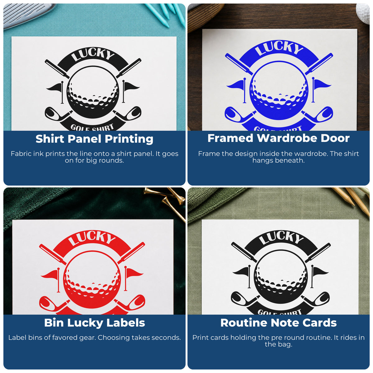 Four ways to use the Lucky Golf Shirt Slim Pre-Inked Stamp: shirt panel printing, framed wardrobe door, bin lucky labels and routine note cards.