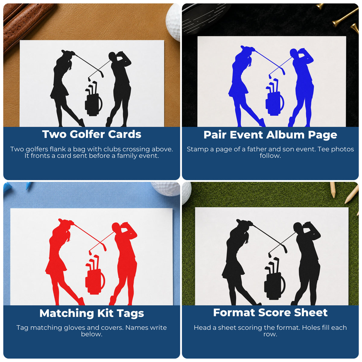 Four ways to use the Golfer Pair With Crossed Clubs And Bag Wood Handle Stamp: two golfer cards, pair event album page, matching kit tags and format score sheet.