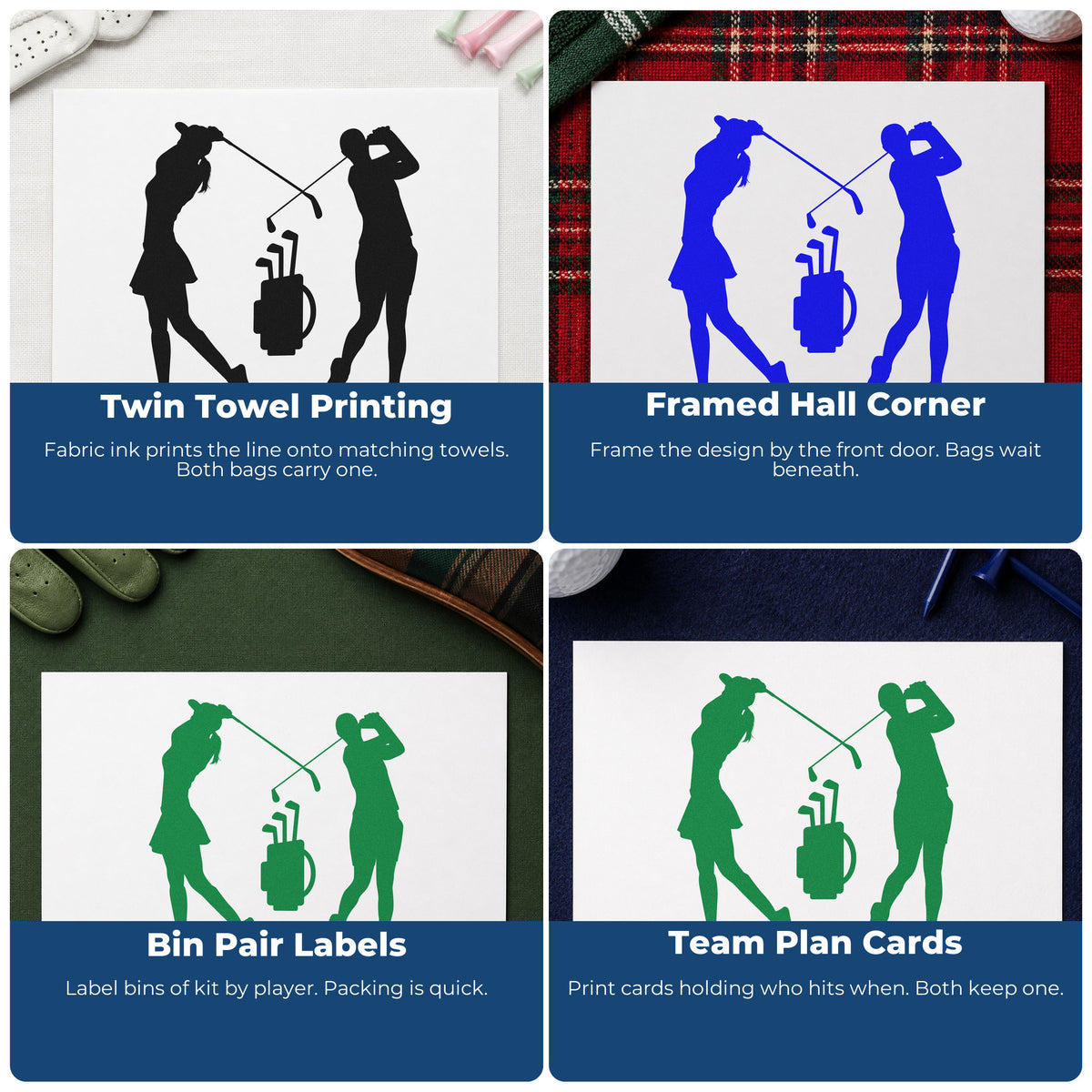 Four ways to use the Golfer Pair With Crossed Clubs And Bag Pre-Inked Stamp – PSI: twin towel printing, framed hall corner, bin pair labels and team plan cards.