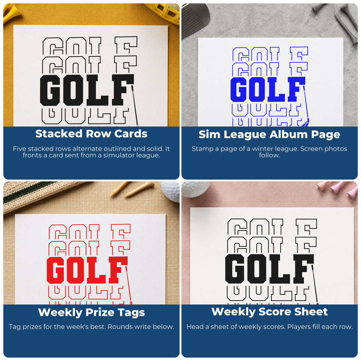 Four ways to use the Repeated Golf Block Word Art Pre-Inked Stamp – Slim: stacked row cards, sim league album page, weekly prize tags and weekly score sheet.