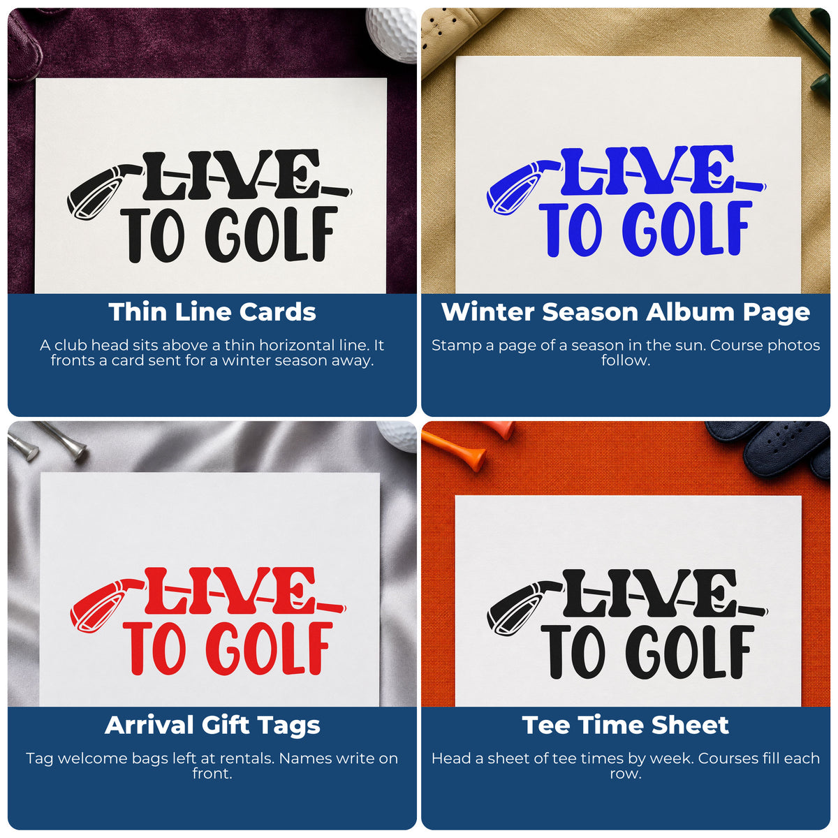 Four ways to use the Live To Golf Club Slim Pre-Inked Stamp: thin line cards, winter season album page, arrival gift tags and tee time sheet.