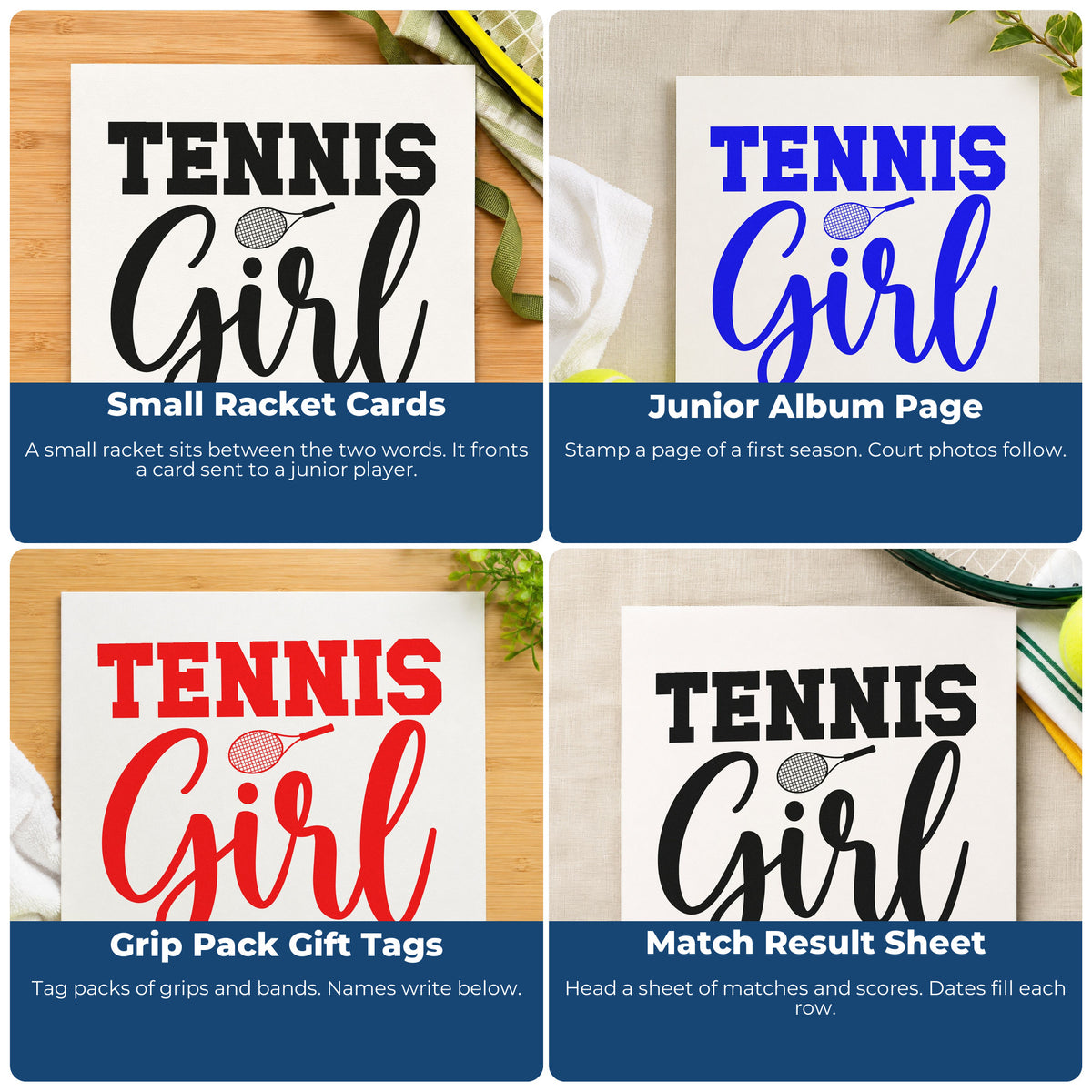 Four ways to use the Tennis Girl Racket Word Art Pre-Inked Stamp – Slim: small racket cards, junior album page, grip pack gift tags and match result sheet.