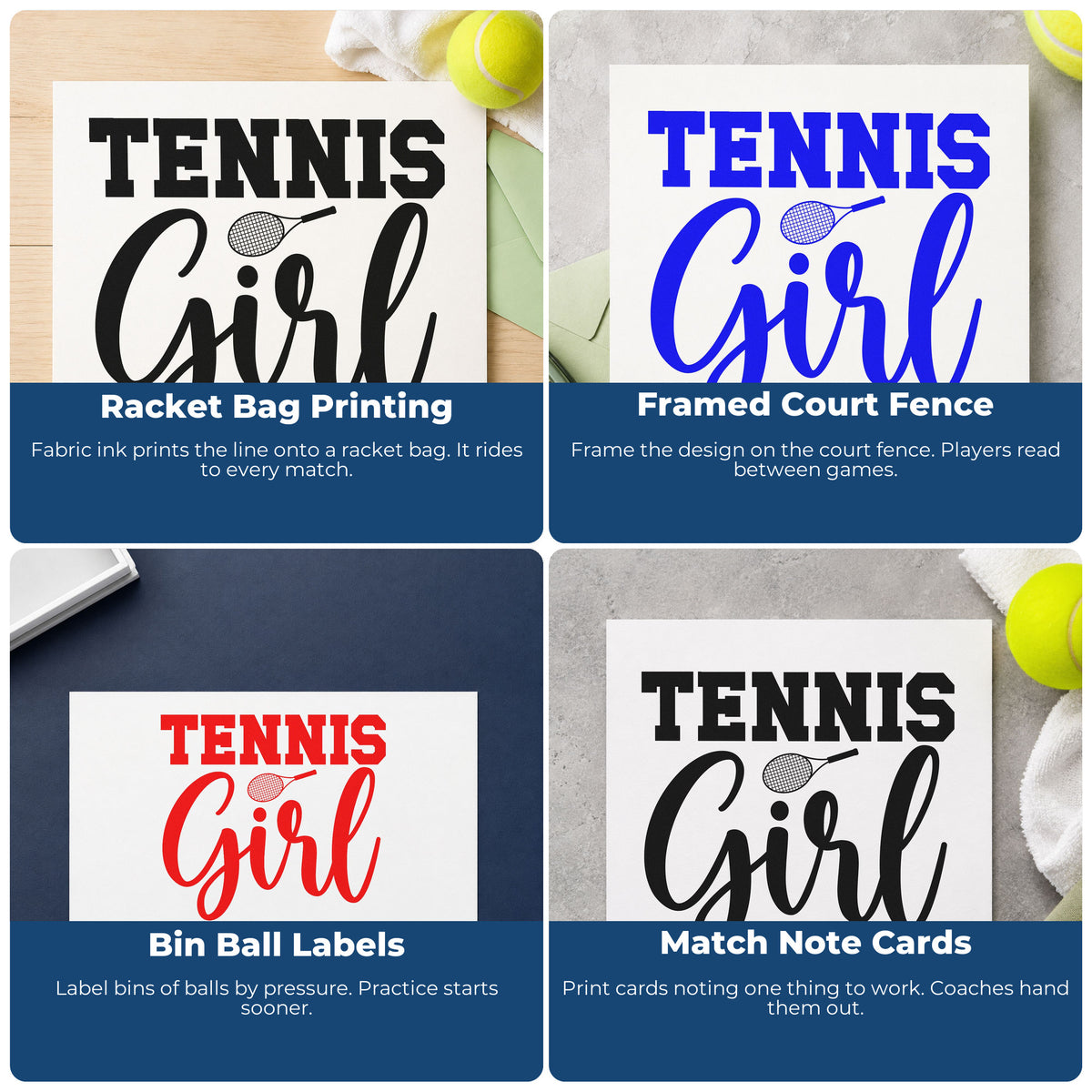 Four ways to use the Tennis Girl Racket Word Art Pre-Inked Stamp – Slim: racket bag printing, framed court fence, bin ball labels and match note cards.