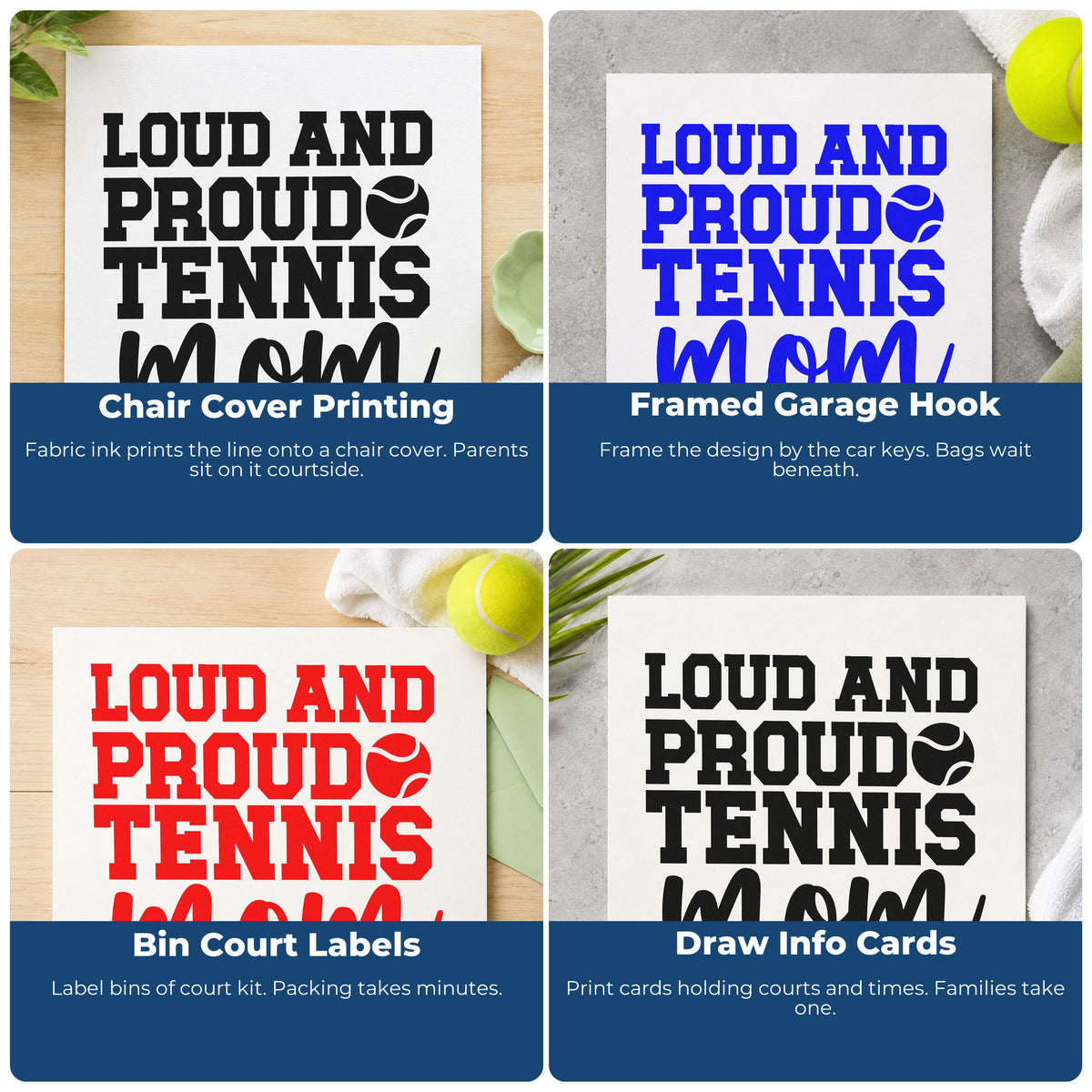 Four ways to use the Loud Proud Tennis Mom Premium Wood-Mounted Stamp - Vintage Pro: chair cover printing, framed garage hook, bin court labels and draw info cards.