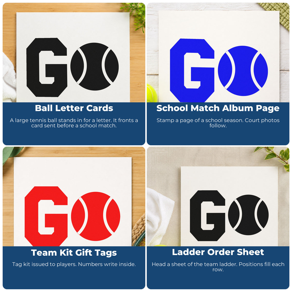 Four ways to use the Go Tennis Ball Letter PSI Pre-Inked Stamp: ball letter cards, school match album page, team kit gift tags and ladder order sheet.