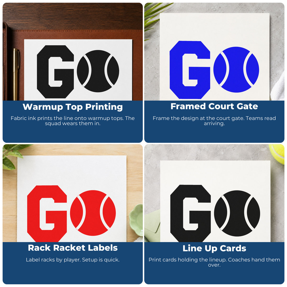 Four ways to use the Go Tennis Ball Letter Stamp – Slim Pre-Inked: warmup top printing, framed court gate, rack racket labels and line up cards.