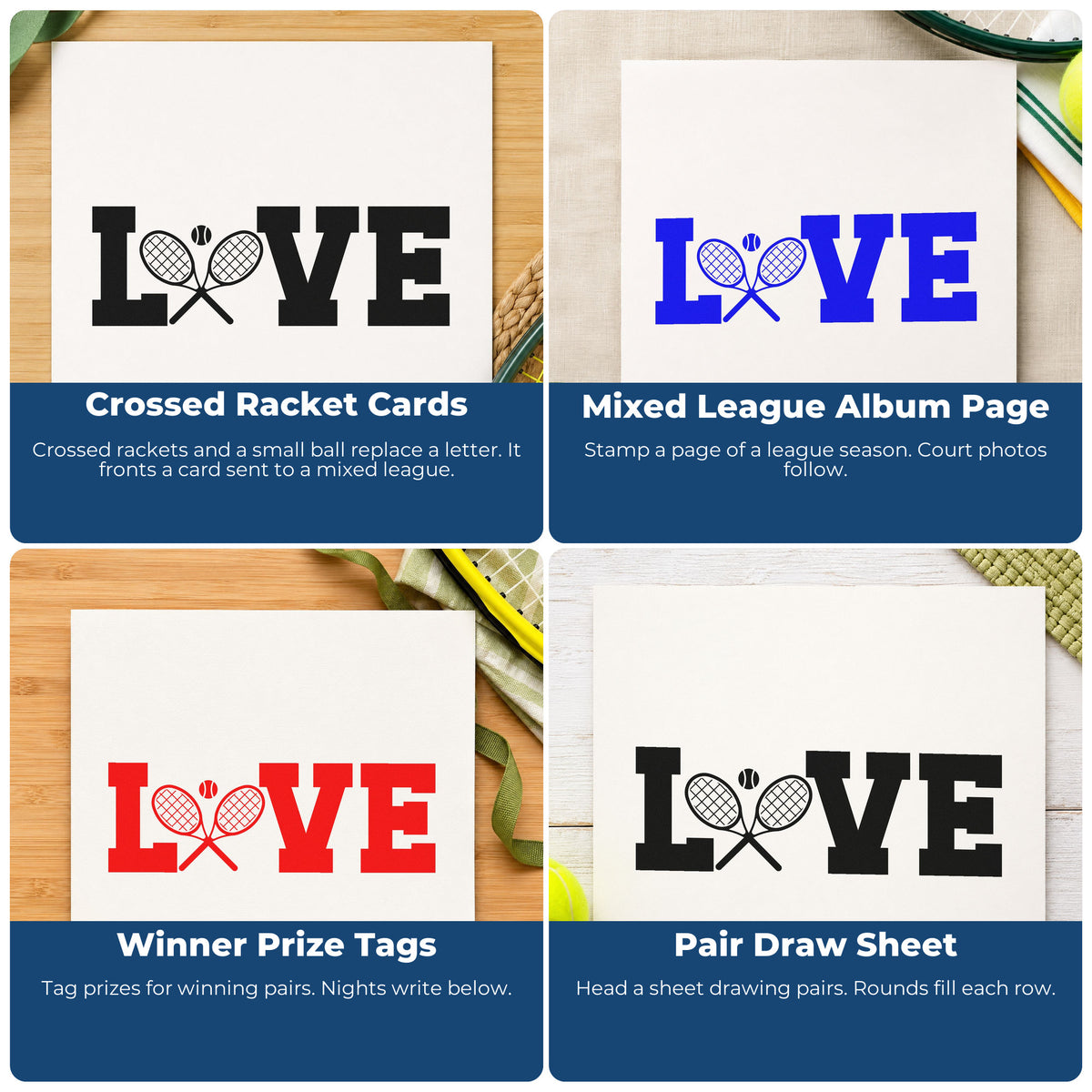 Four ways to use the Love Crossed Tennis Rackets Pre-Inked Stamp – Slim: crossed racket cards, mixed league album page, winner prize tags and pair draw sheet.