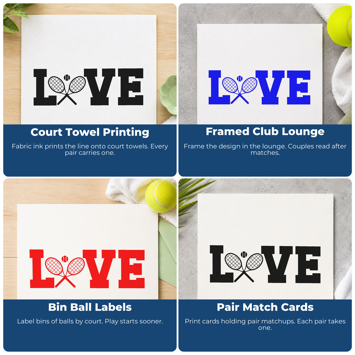 Four ways to use the Pre-Inked Love Crossed Tennis Rackets Stamp – PSI: court towel printing, framed club lounge, bin ball labels and pair match cards.